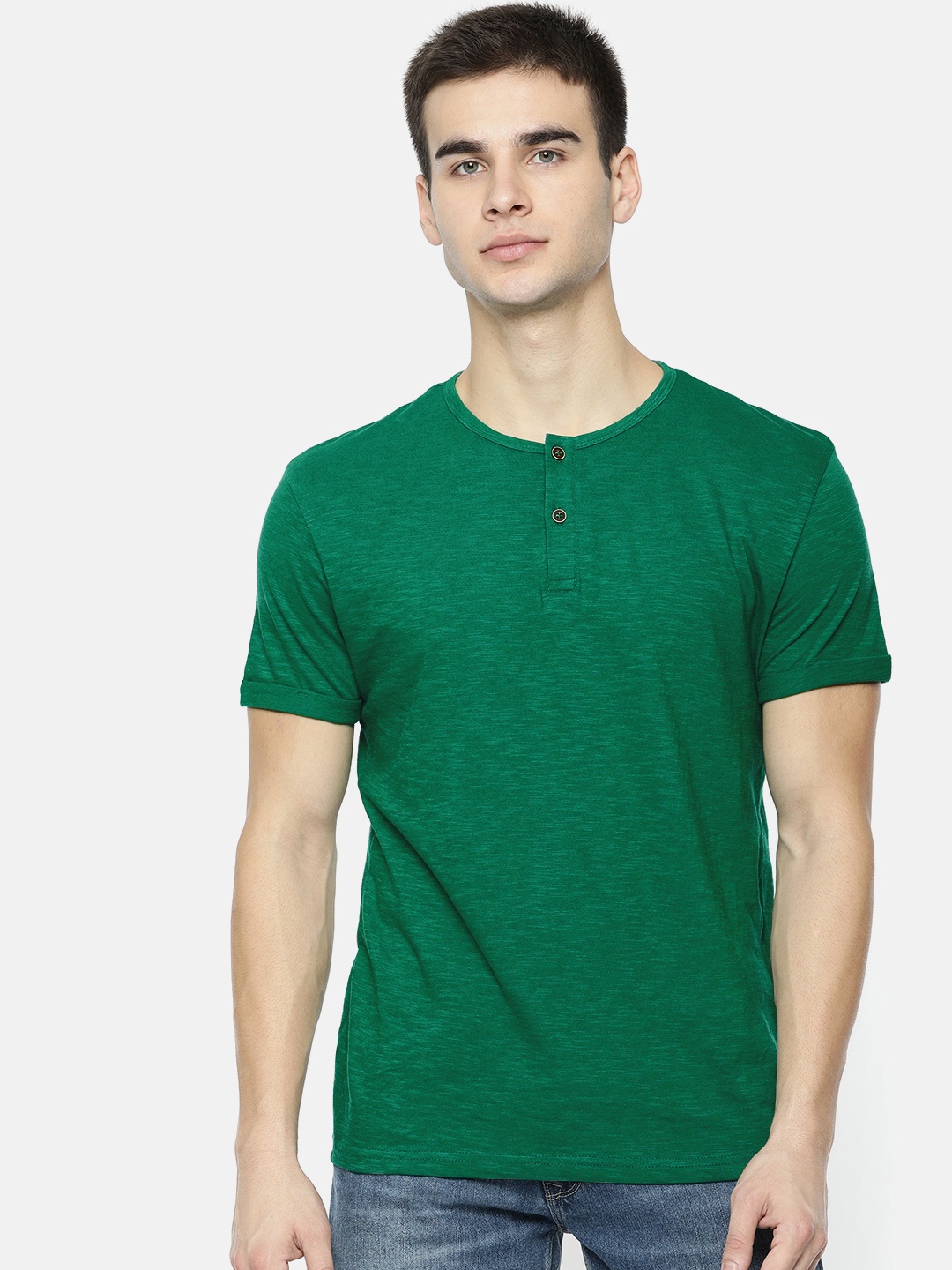 

People Men Green Solid Henley Neck Pure Cotton T-shirt