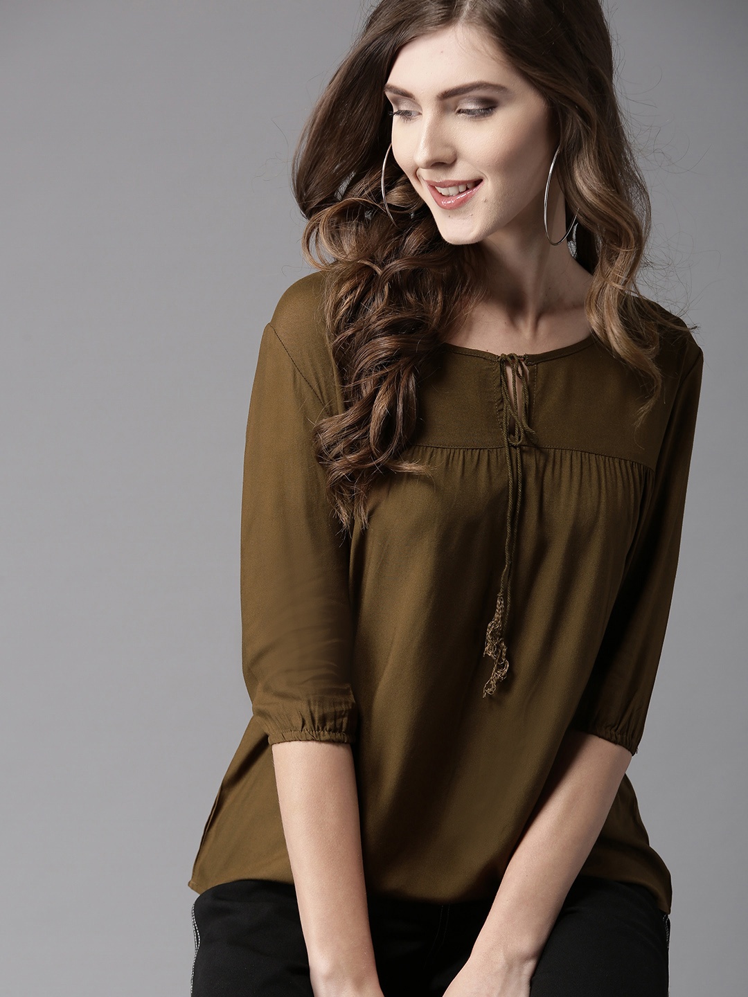 

HERE&NOW Olive Green Top With Puff Sleeves