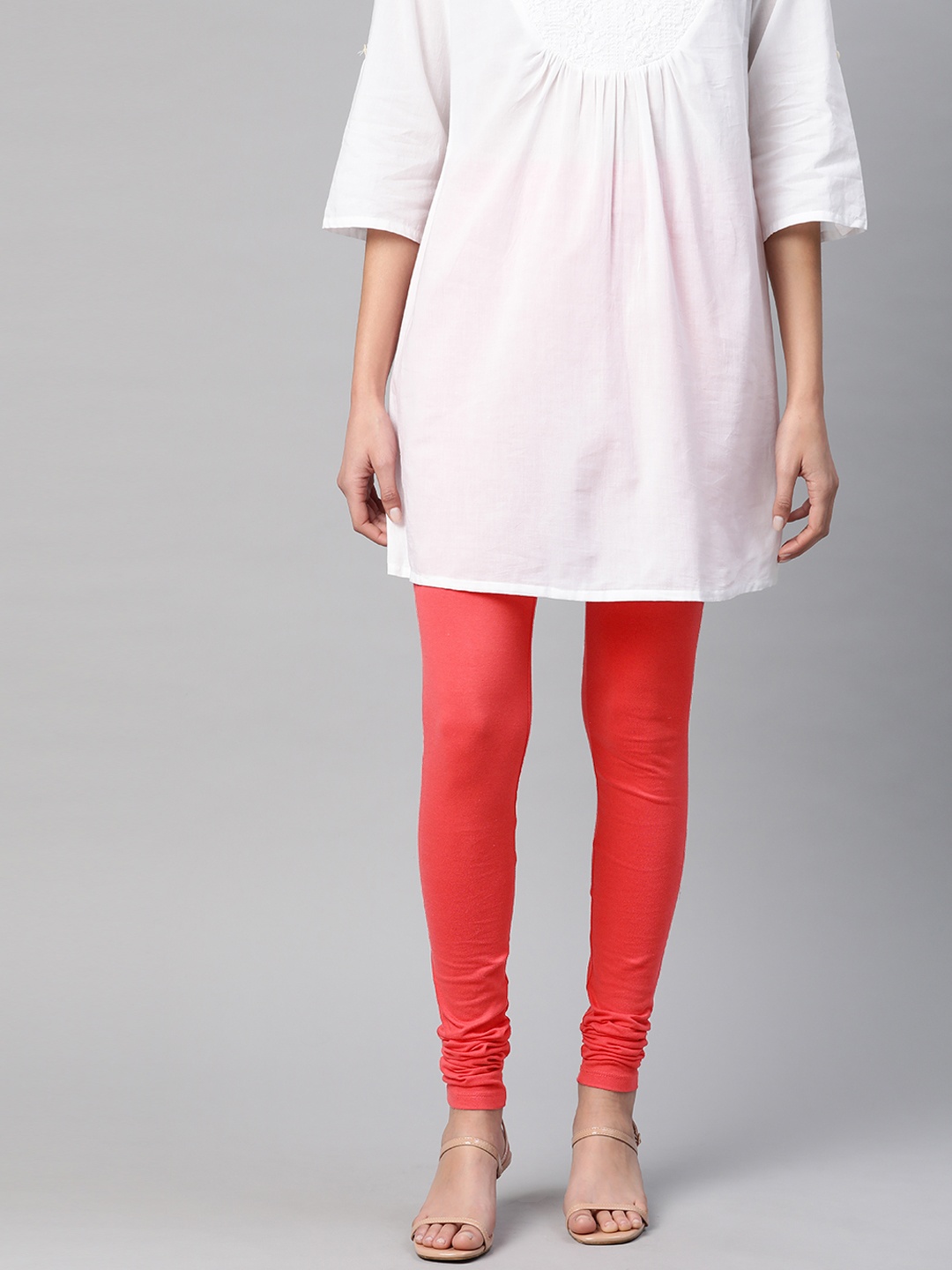

AURELIA Women Coral Pink Pure Cotton Churidar Length Leggings