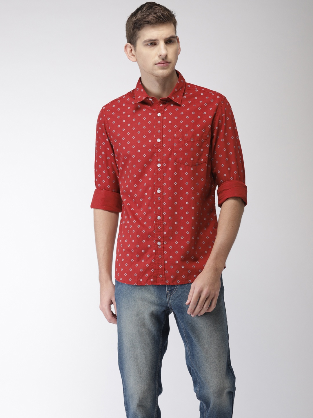 

Flying Machine Men Rust Red Regular Fit Printed Casual Shirt