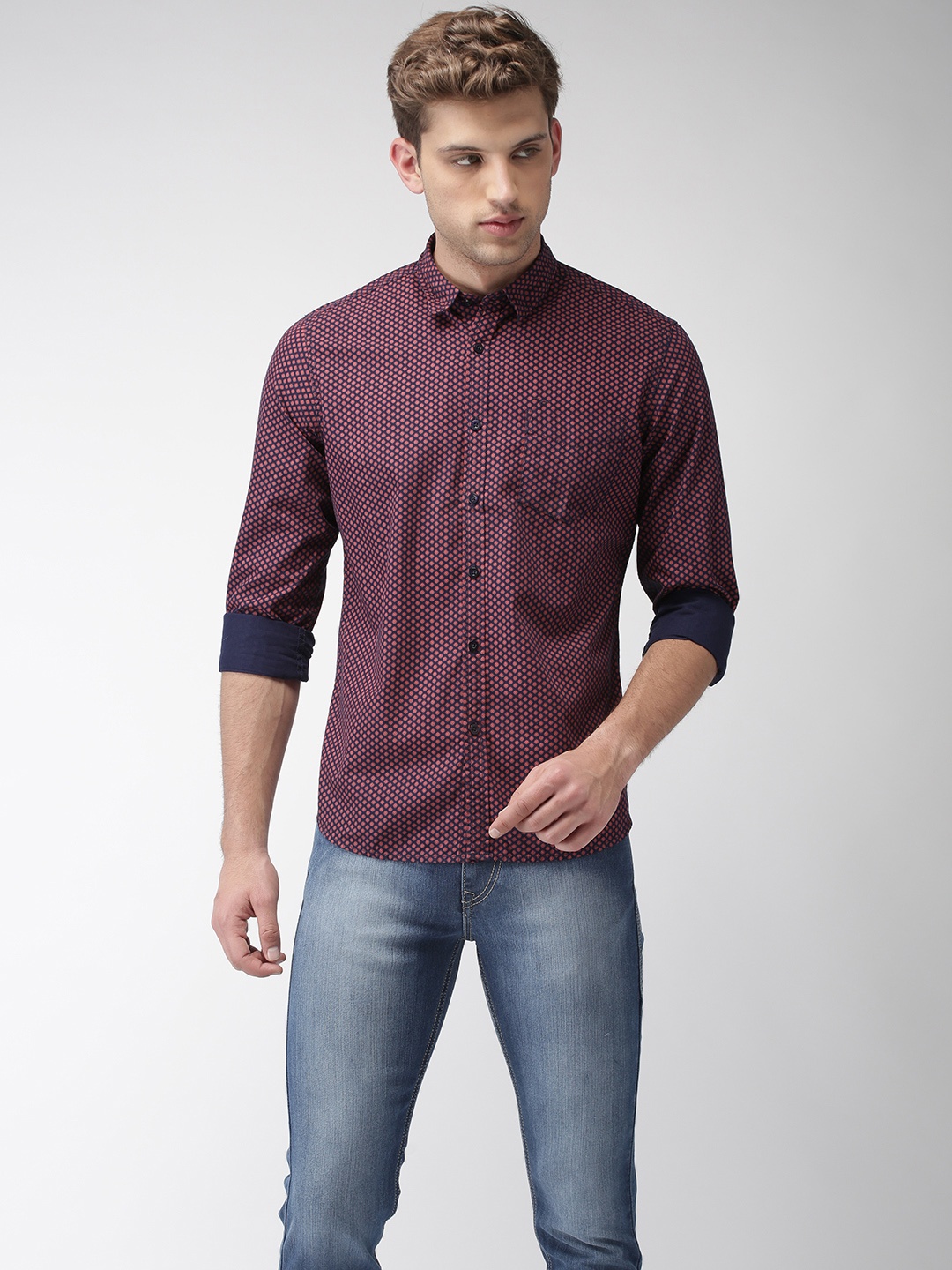 

Flying Machine Men Navy Blue & Peach-Coloured Regular Fit Printed Casual Shirt