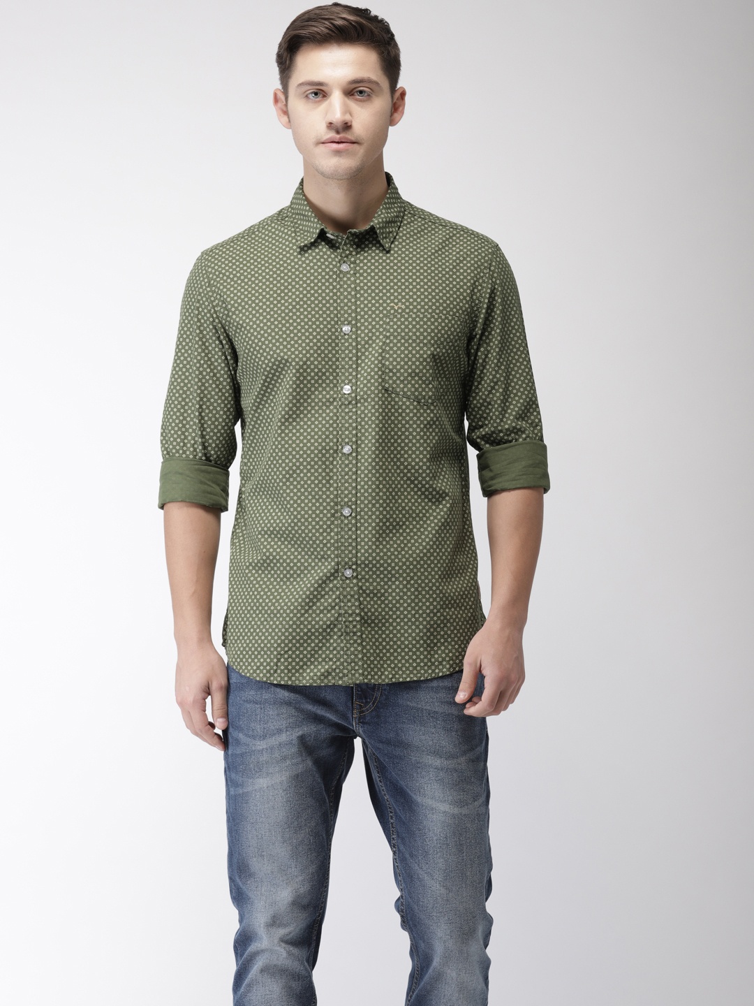 

Flying Machine Men Olive Green Regular Fit Printed Casual Shirt