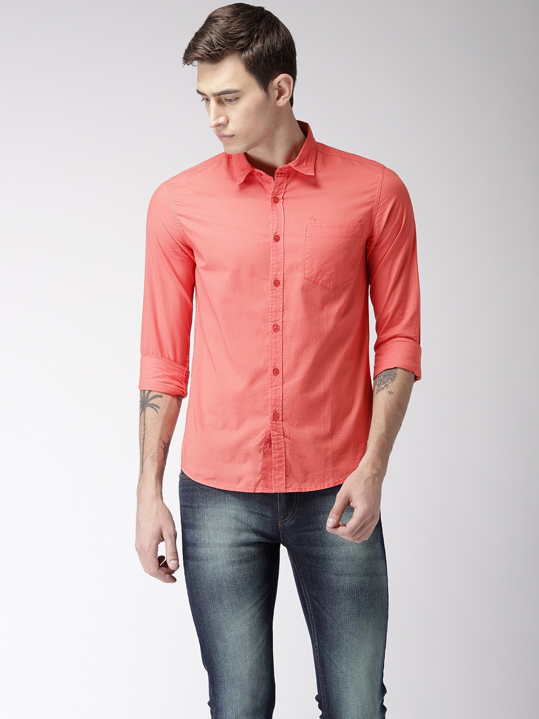 

Flying Machine Men Coral Pink Regular Fit Solid Casual Shirt