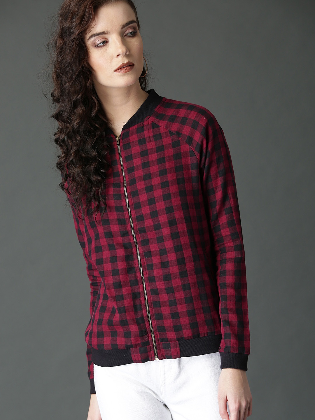 

Roadster Women Maroon & Black Checked Zip-Up Pure Cotton Top with Rib