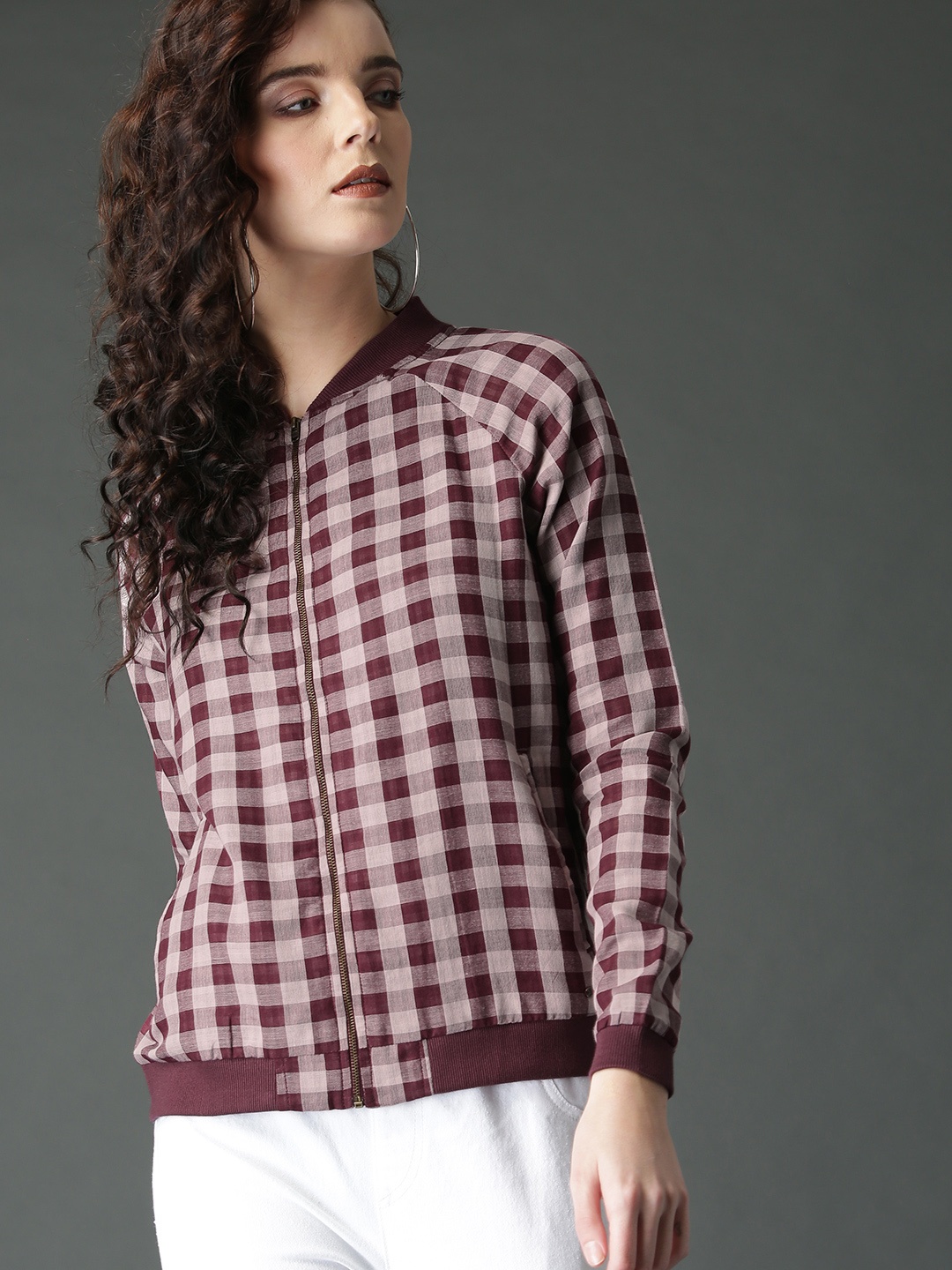 

Roadster Women Burgundy & Pink Checked Zipped Pure Cotton Top with Rib