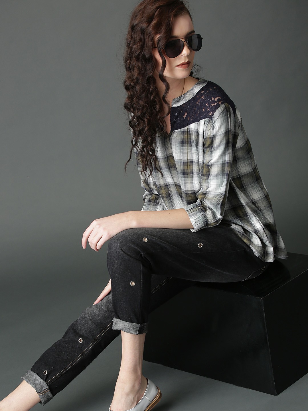 

Roadster Women Off-White & Olive Green Check Top With Lace Yoke