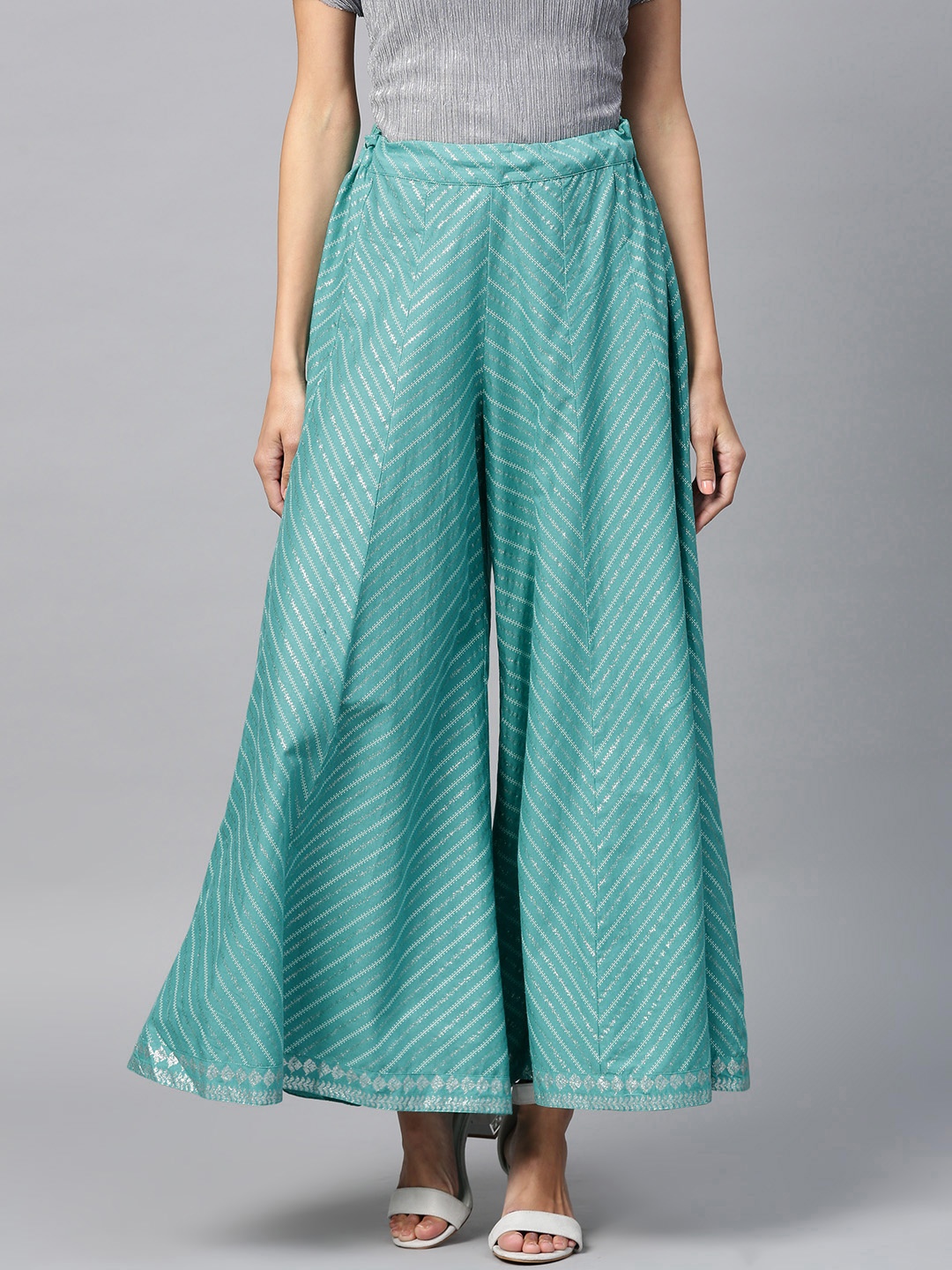 

W Women Blue & Silver Striped Flared Palazzos