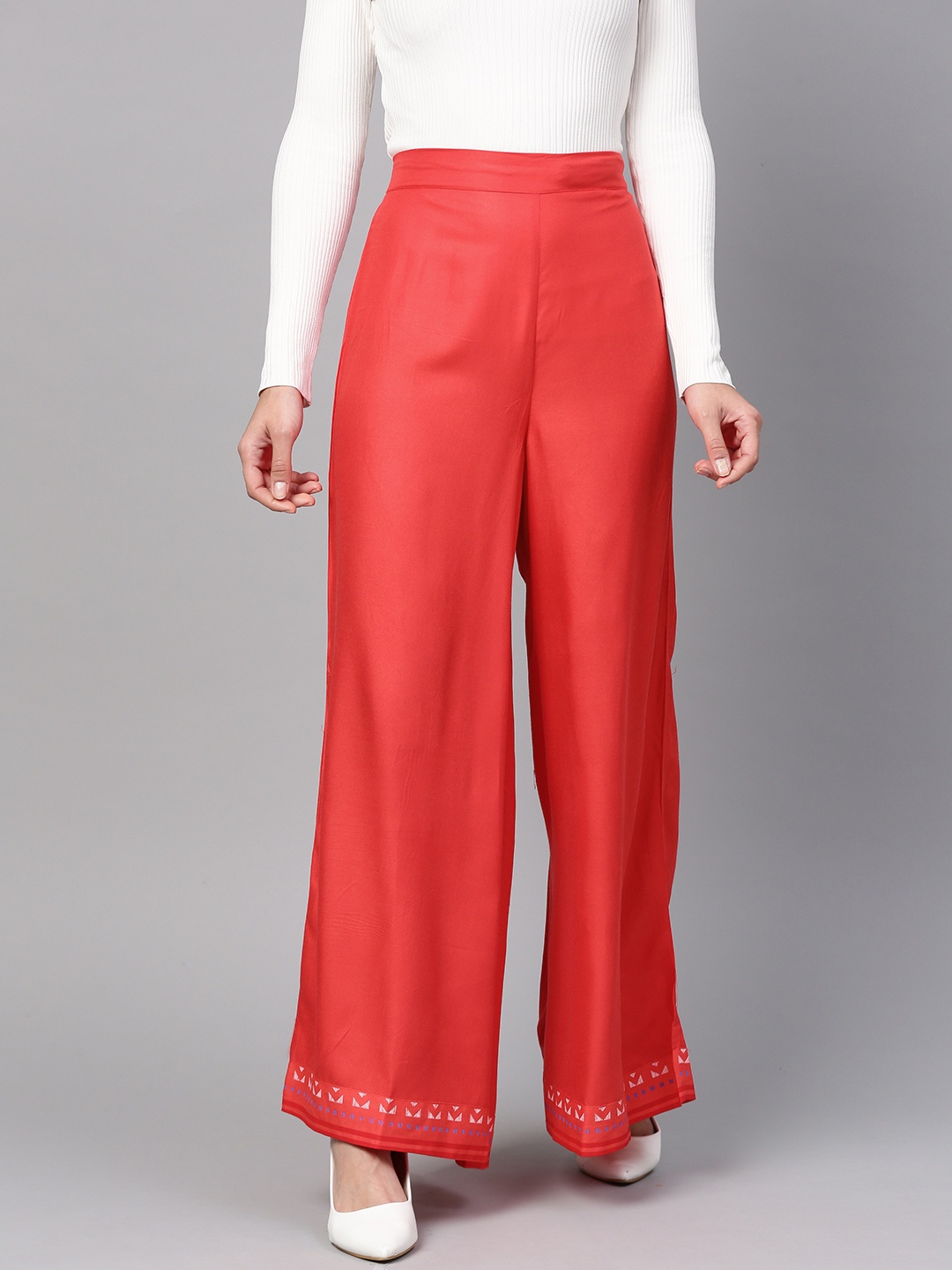

W Women Coral Red Solid Flared Palazzos