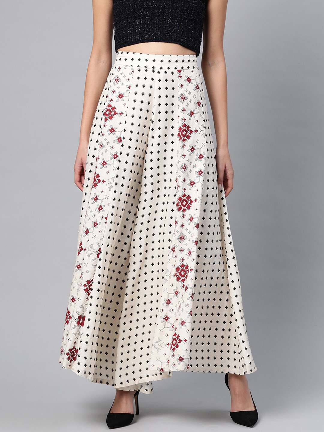 

W Women Beige & Black Printed Flared Palazzos