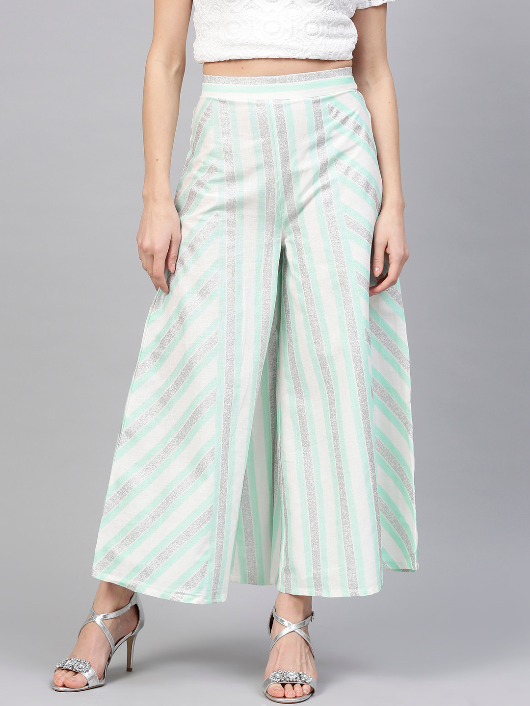 

W Women Blue & White Striped Flared Palazzos