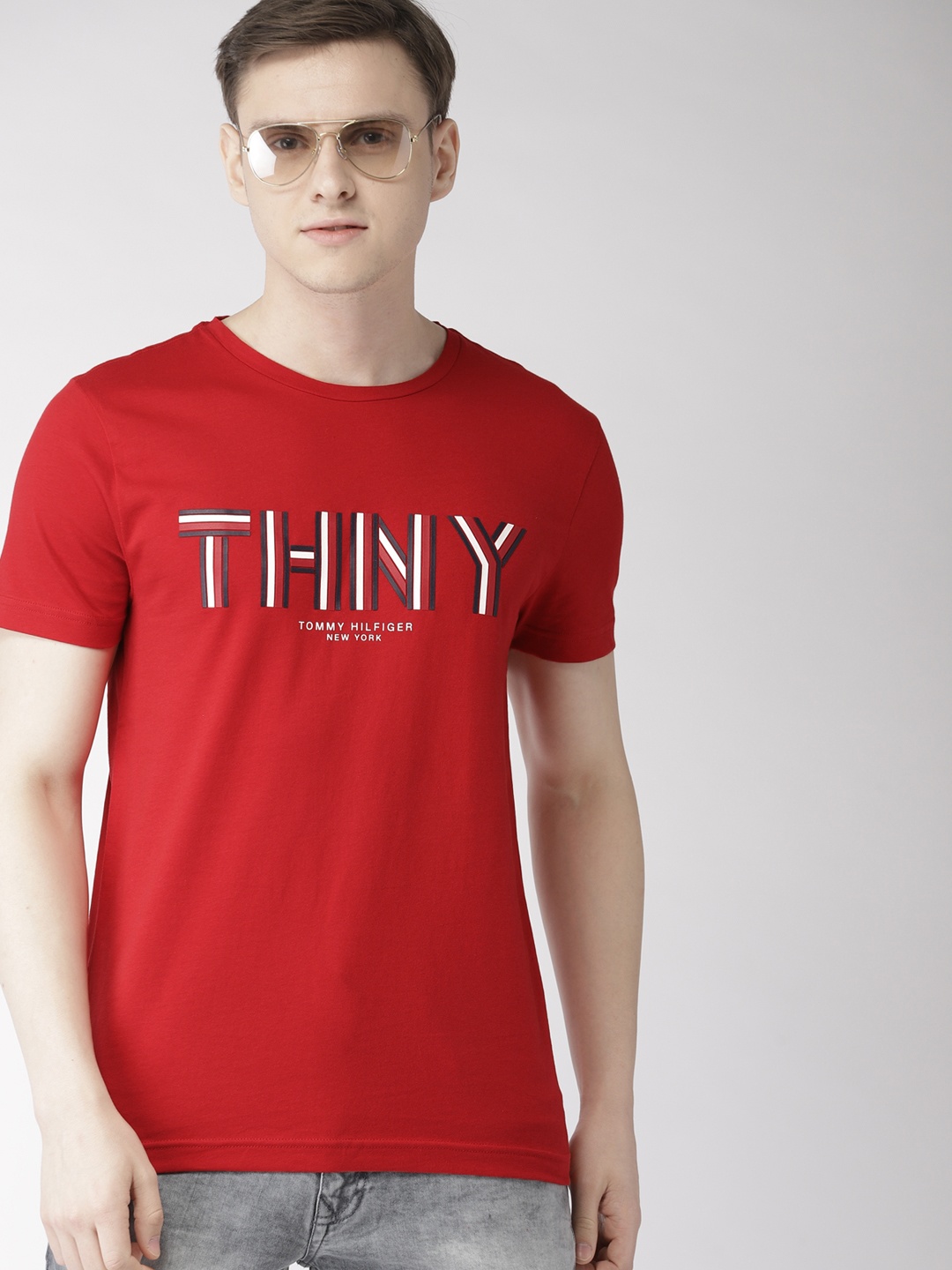 

Tommy Hilfiger Men Red Printed Round Neck Pure Cotton T-shirt