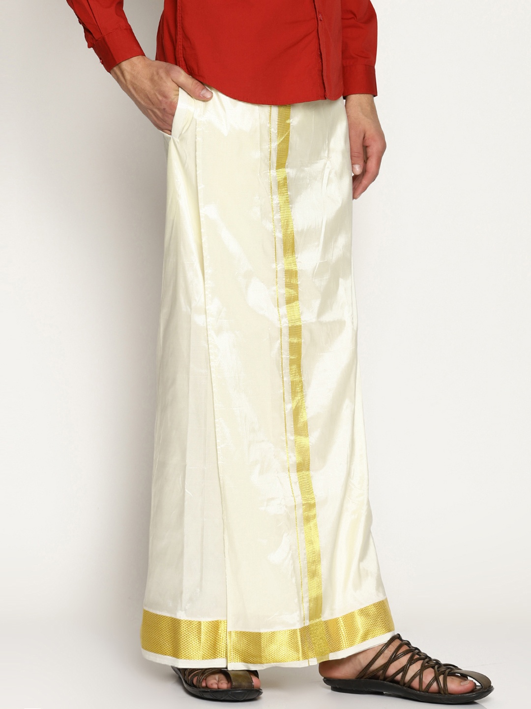 

Sethukrishna Men Cream-Coloured Solid Double Layer Readymade Dhoti With Pocket