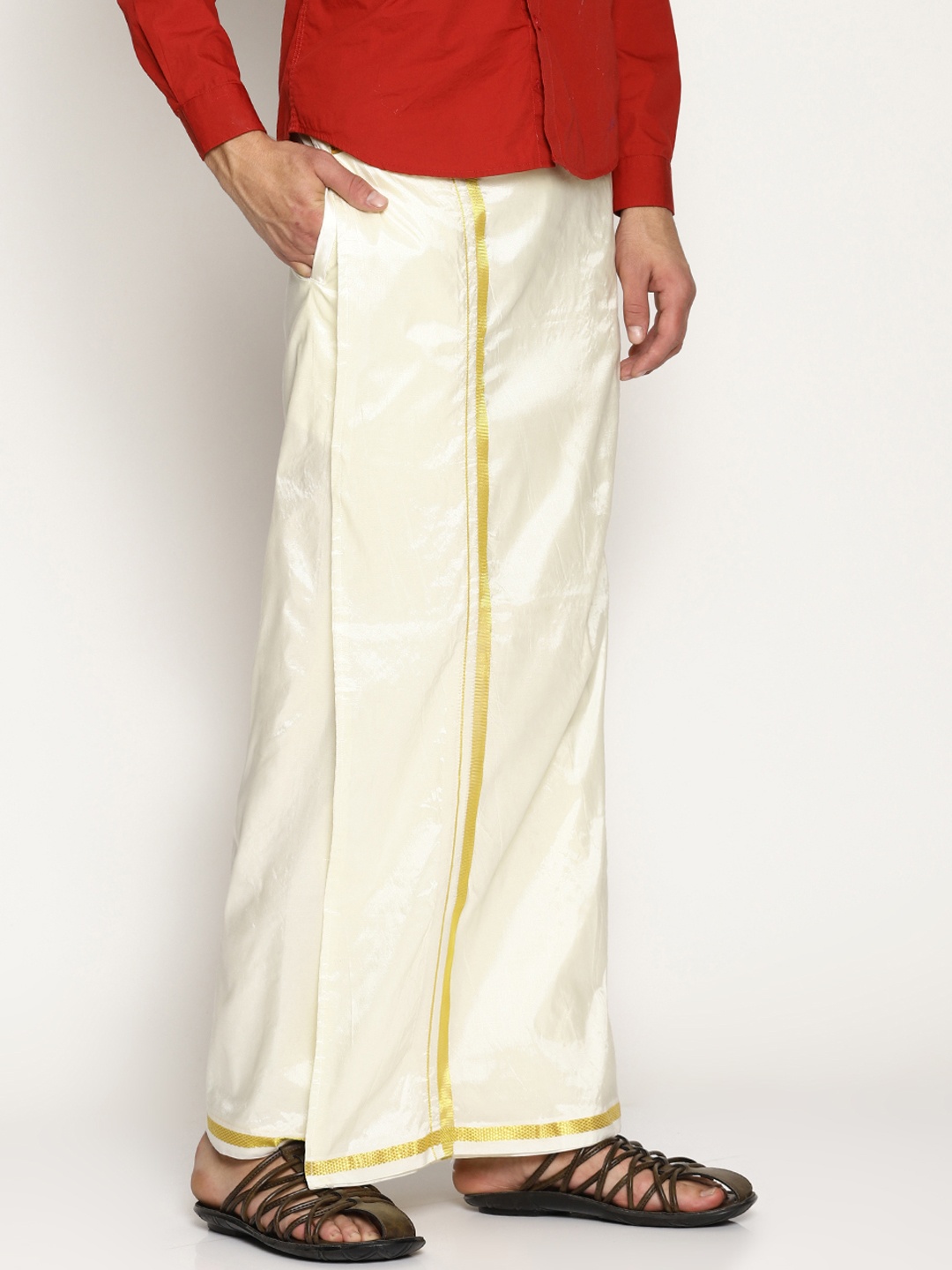 

Sethukrishna Men Cream-Coloured Solid Double Layer Readymade Dhoti With Pocket