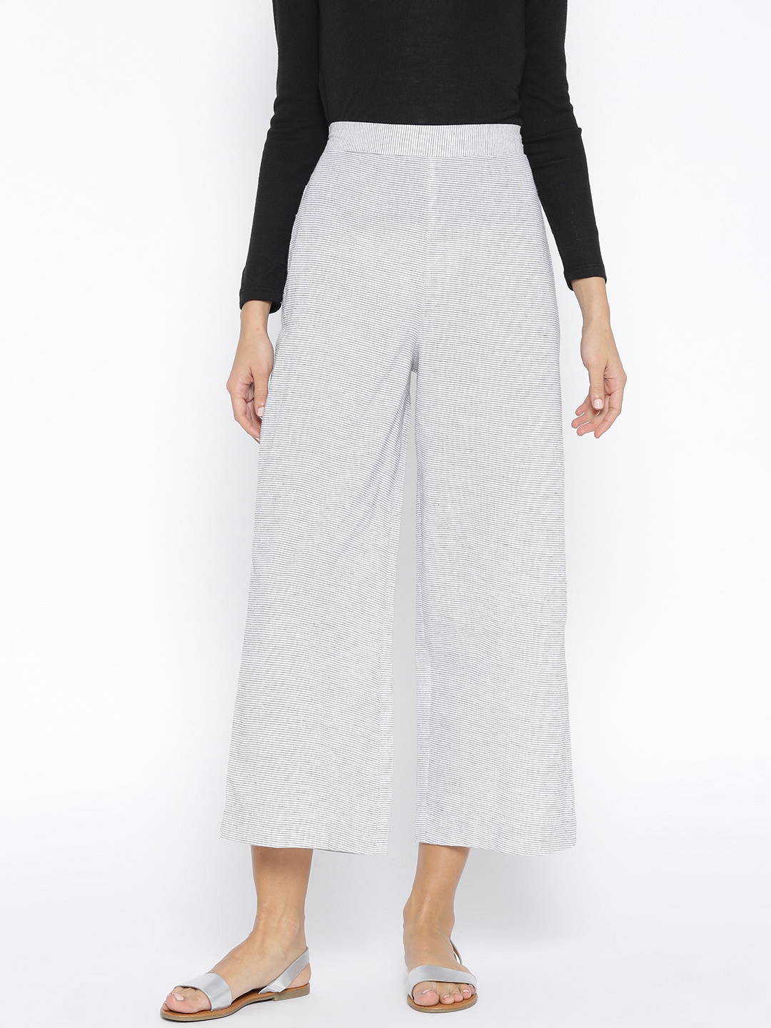 

AURELIA Women White & Black Striped Wide Leg Cropped Palazzos