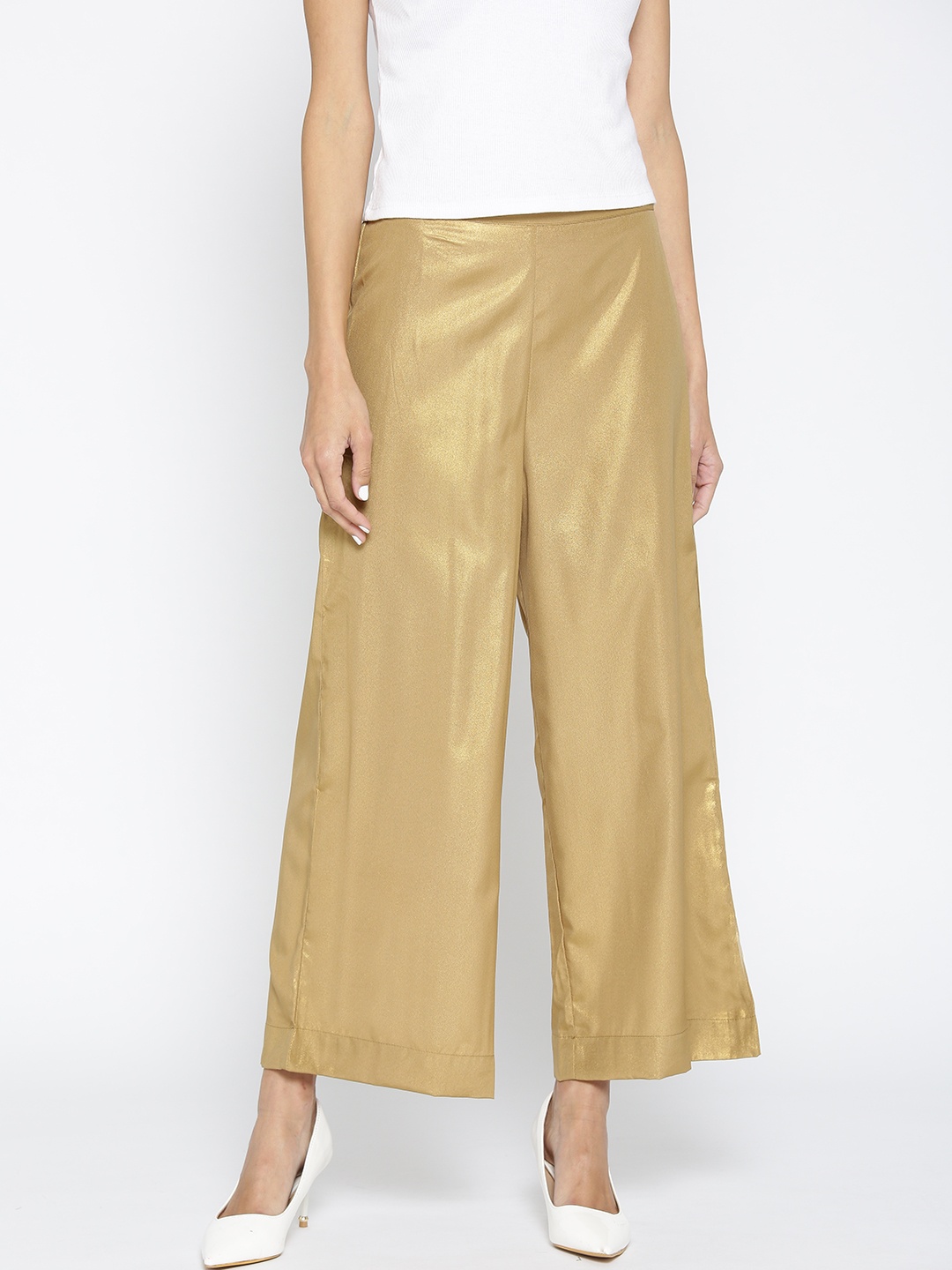 

AURELIA Women Golden Sheen Straight Solid Palazzos, Gold