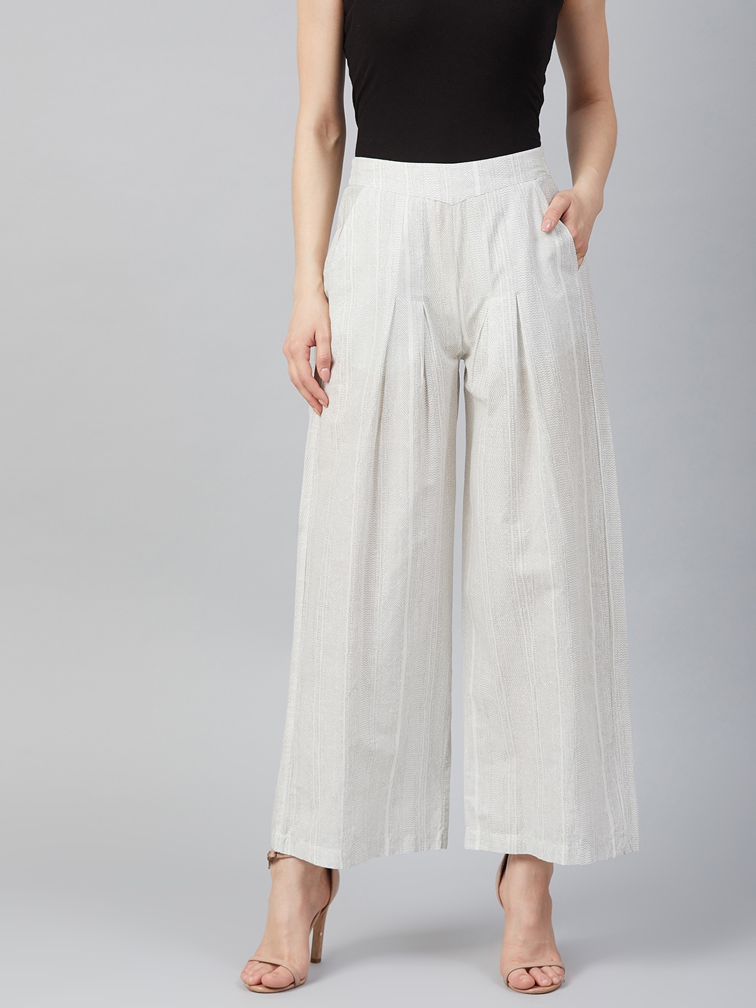 

AURELIA Women White & Grey Pure Cotton Printed Wide Leg Palazzos