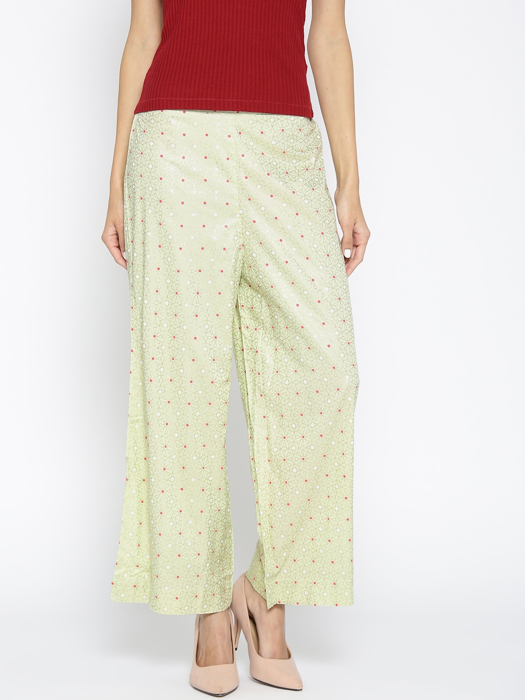 

AURELIA Women Mint Green & Golden Printed Straight Palazzos