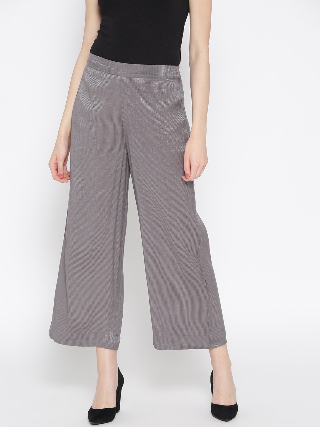 

AURELIA Women Grey Striped Wide Leg Palazzos