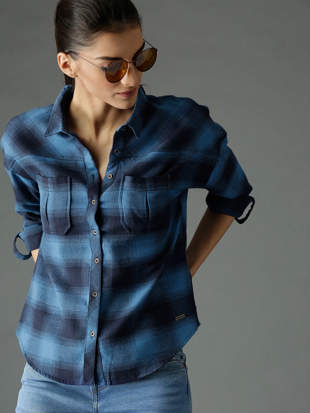 

Roadster Women Blue Boxy Fit Checked Shirt with Yoke
