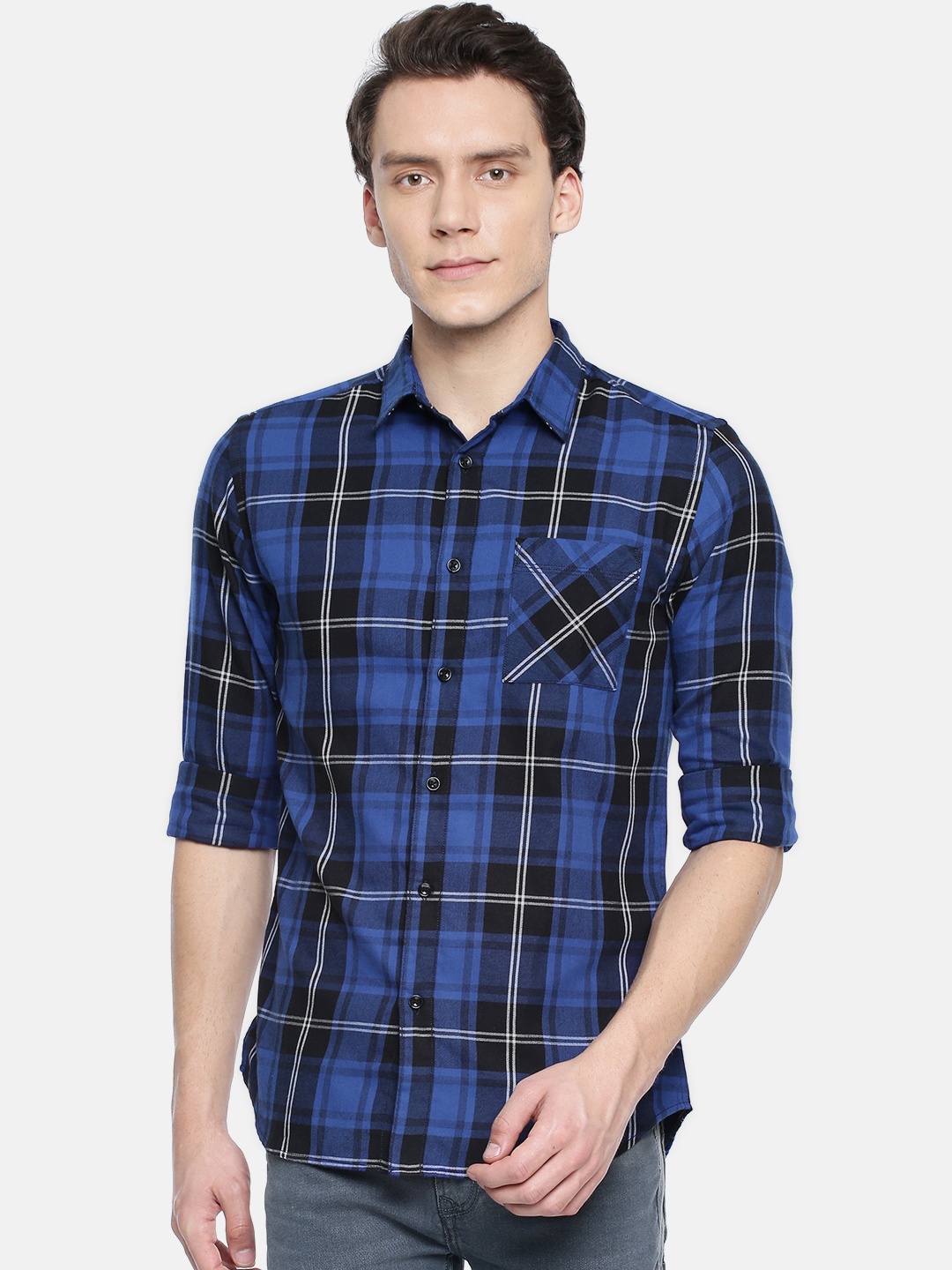 

Jack & Jones Men Blue & Black Slim Fit Checked Casual Shirt