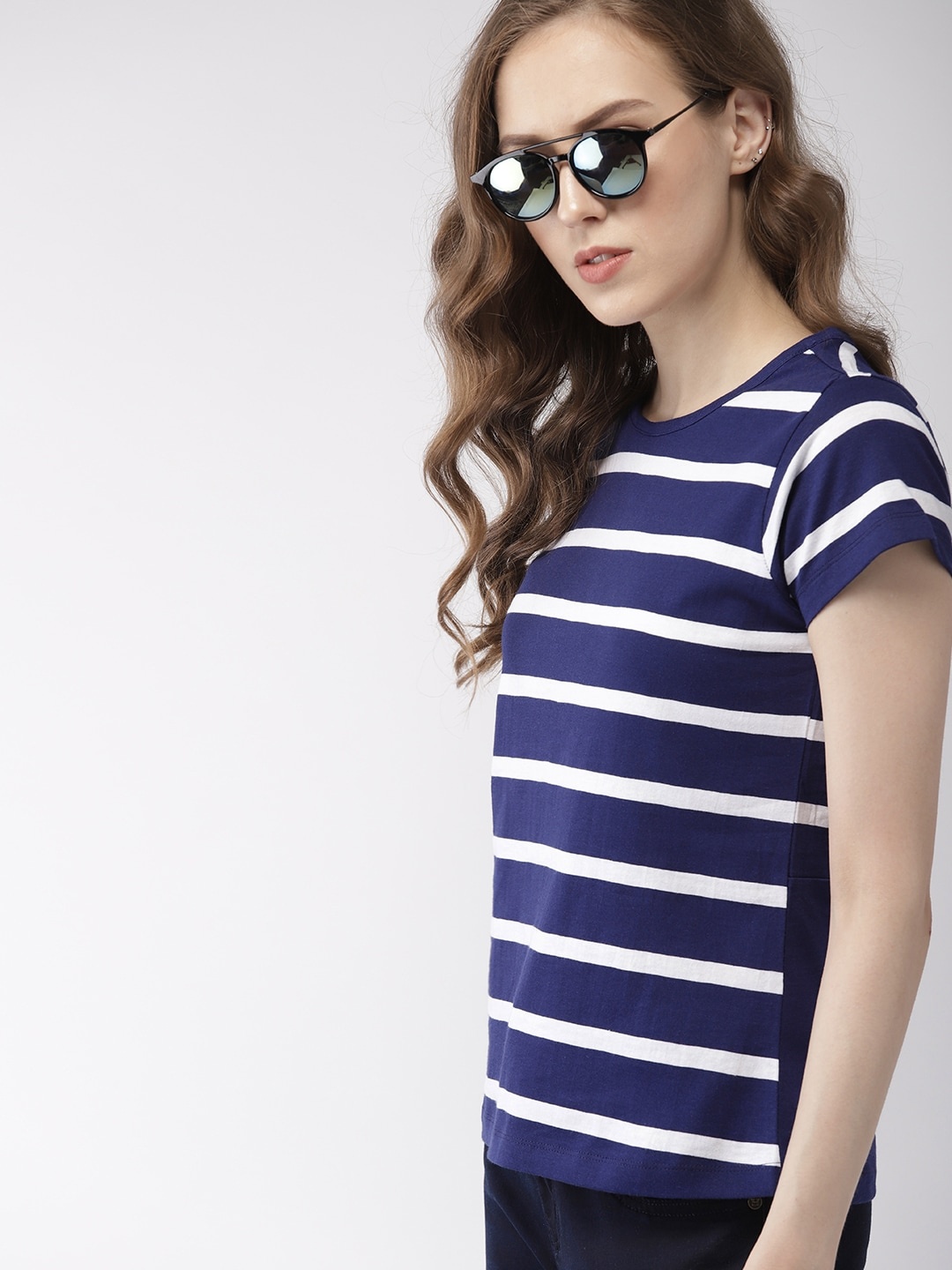 

Harvard Women Navy White Striped Round Neck Pure Cotton T-shirt, Navy blue