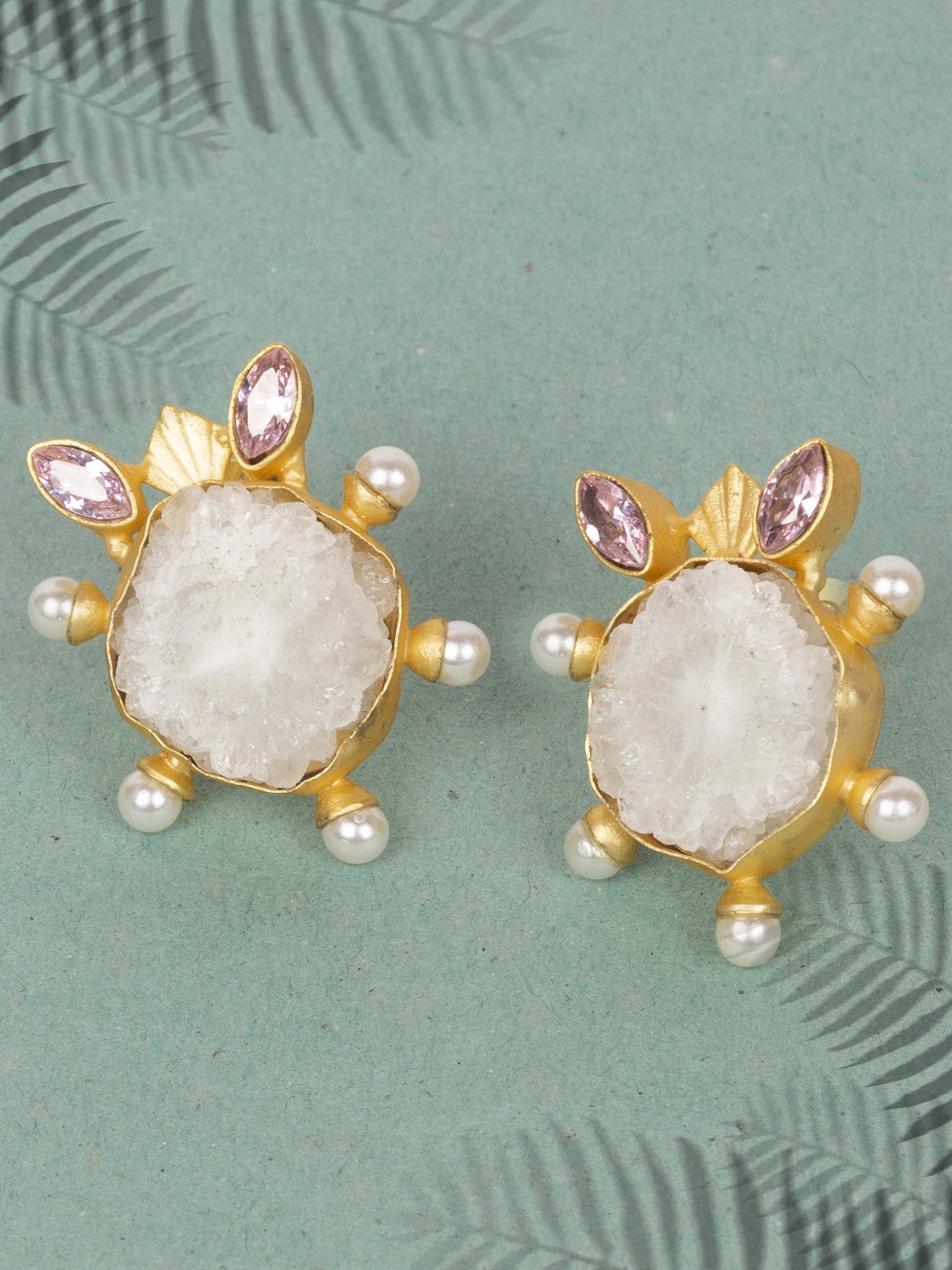 

AccessHer Gold-Toned & White Agate Studs