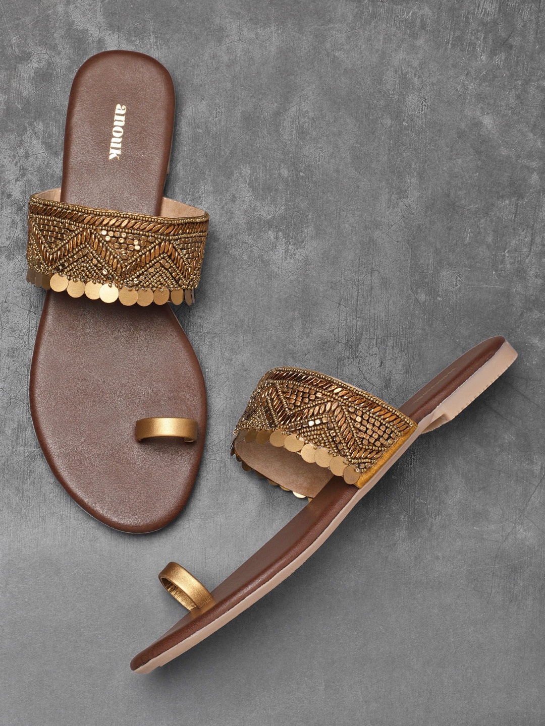 

Anouk Women Bronze-Toned Embellished One Toe Flats