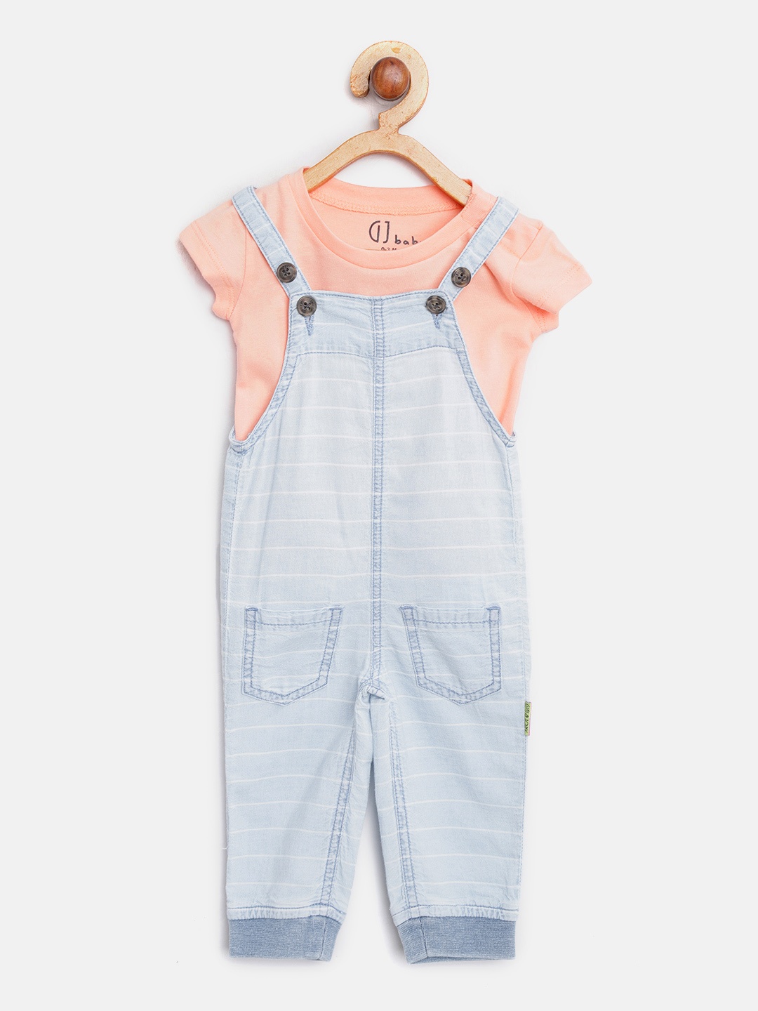 

Gini and Jony Girls Peach-Coloured & Blue Chambray Striped T-shirt with Dungarees