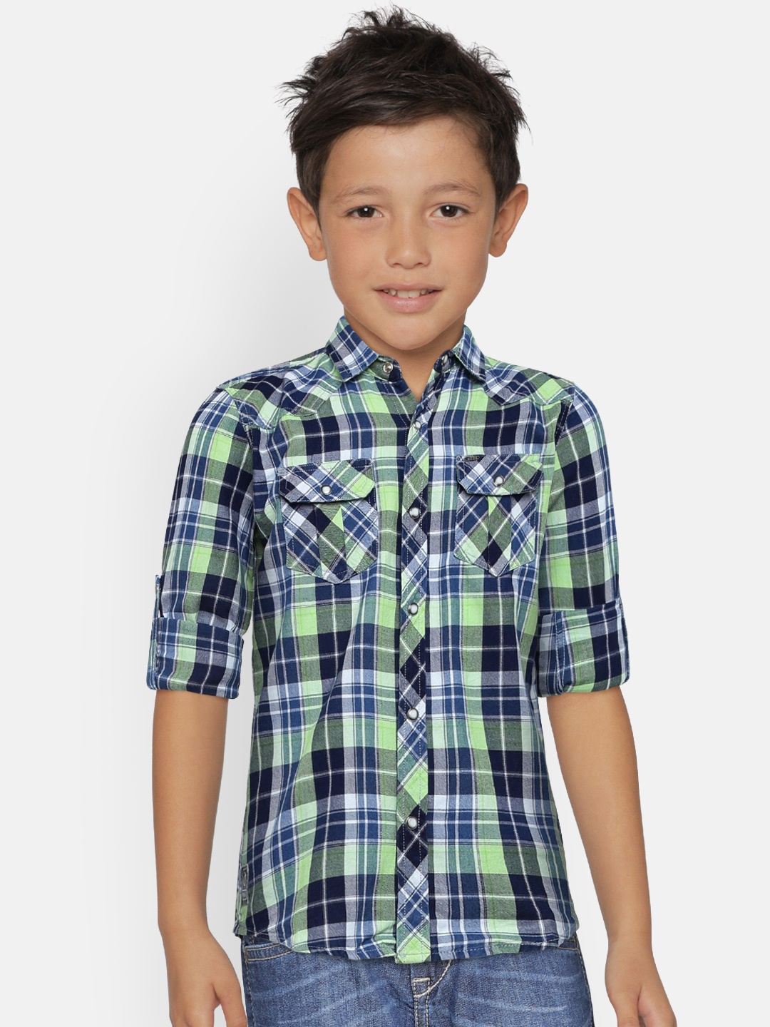 

Gini and Jony Boys Navy Blue & Green Regular Fit Checked Casual Shirt