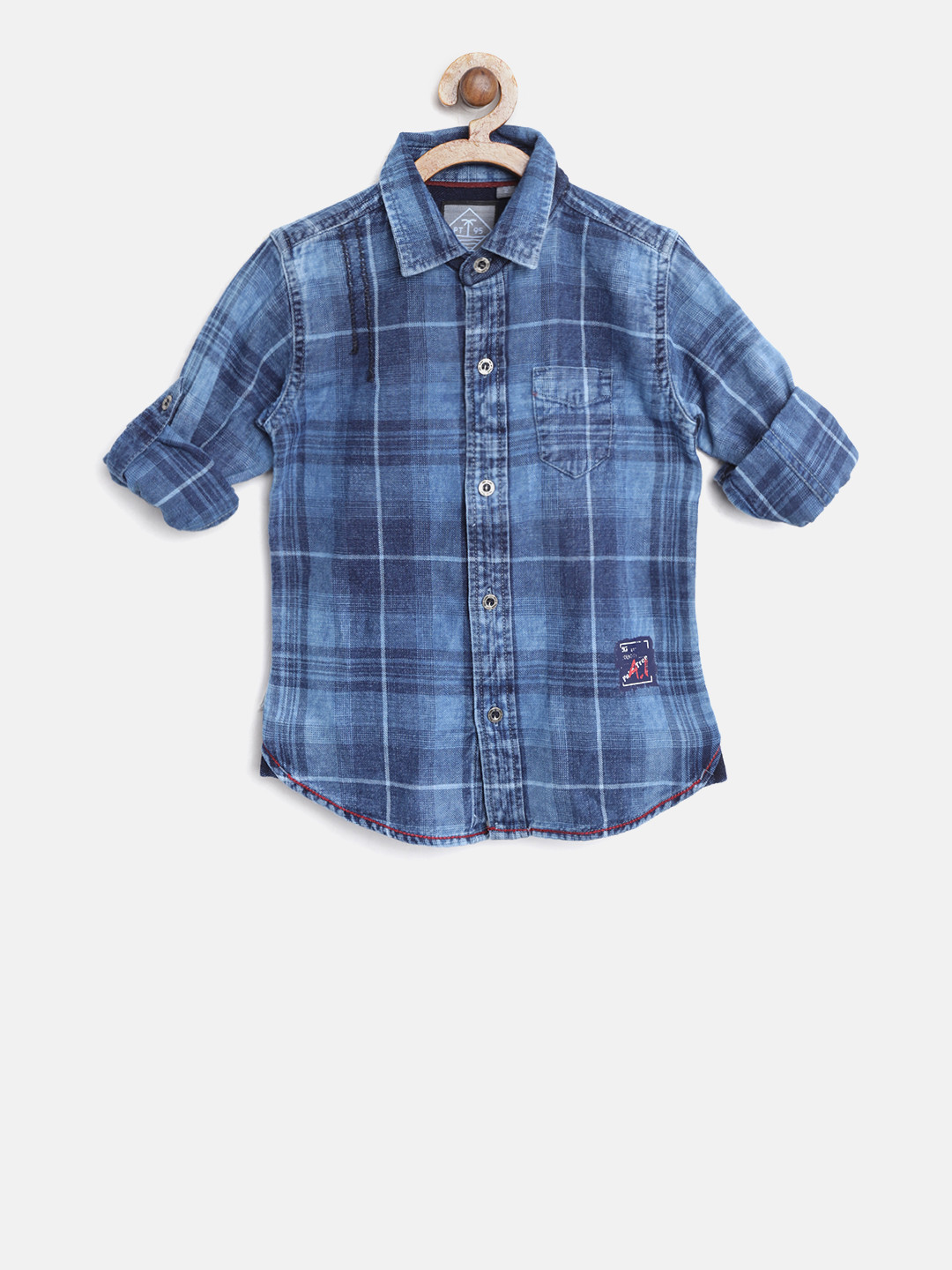 

Palm Tree Boys Blue Regular Fit Checked Denim Casual Shirt