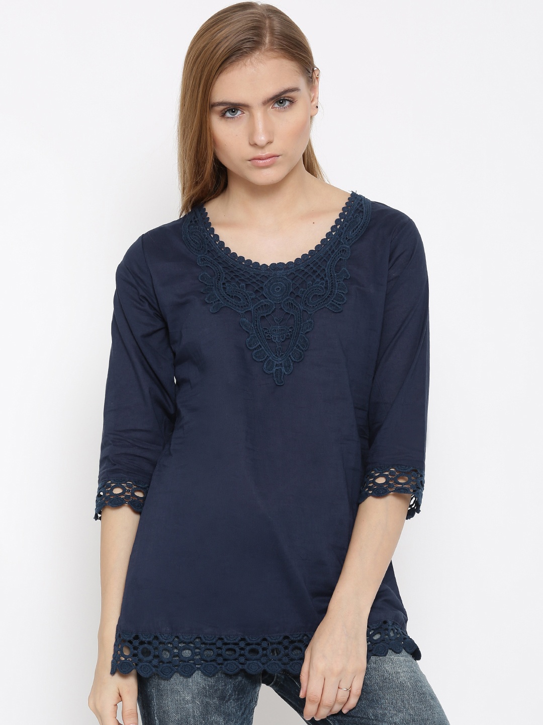 

U&F Women Navy Crochet Detail Regular Top, Navy blue