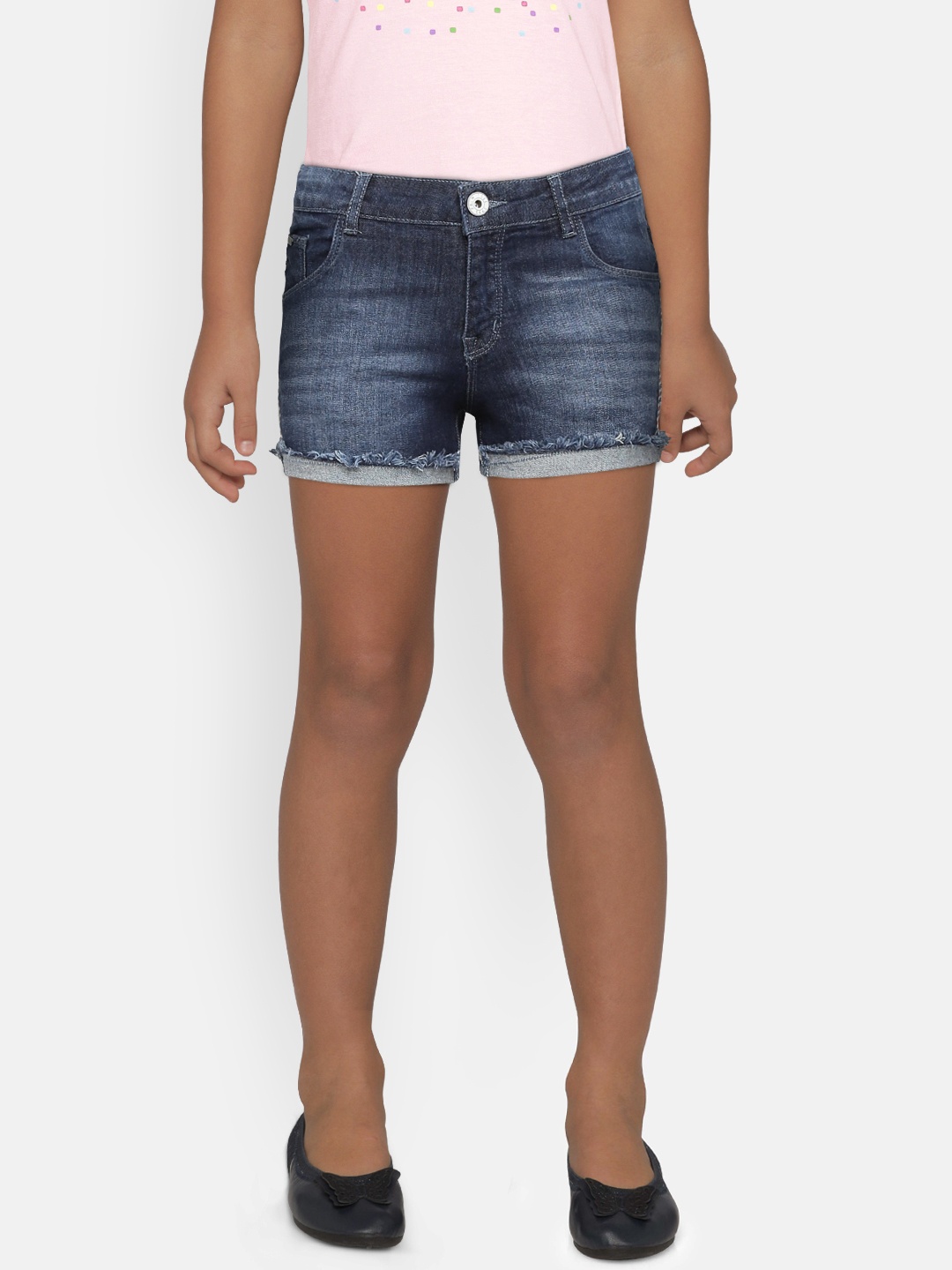 

Palm Tree Girls Navy Blue Washed Regular Fit Denim Shorts