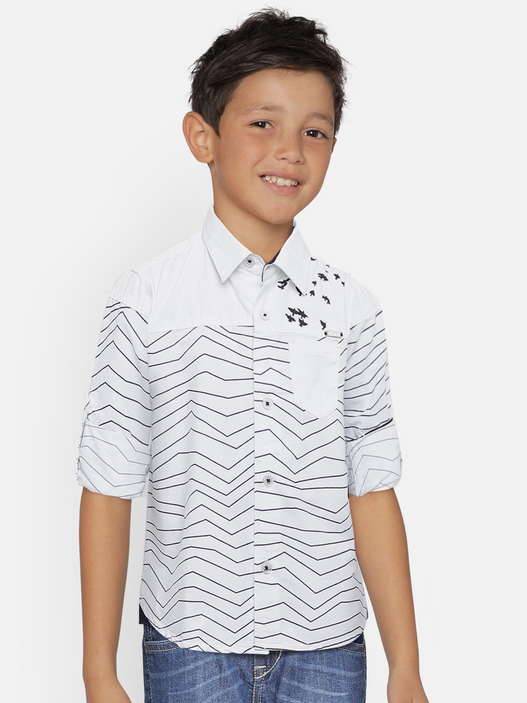 

Palm Tree Boys White & Navy Blue Regular Fit Striped Casual Shirt