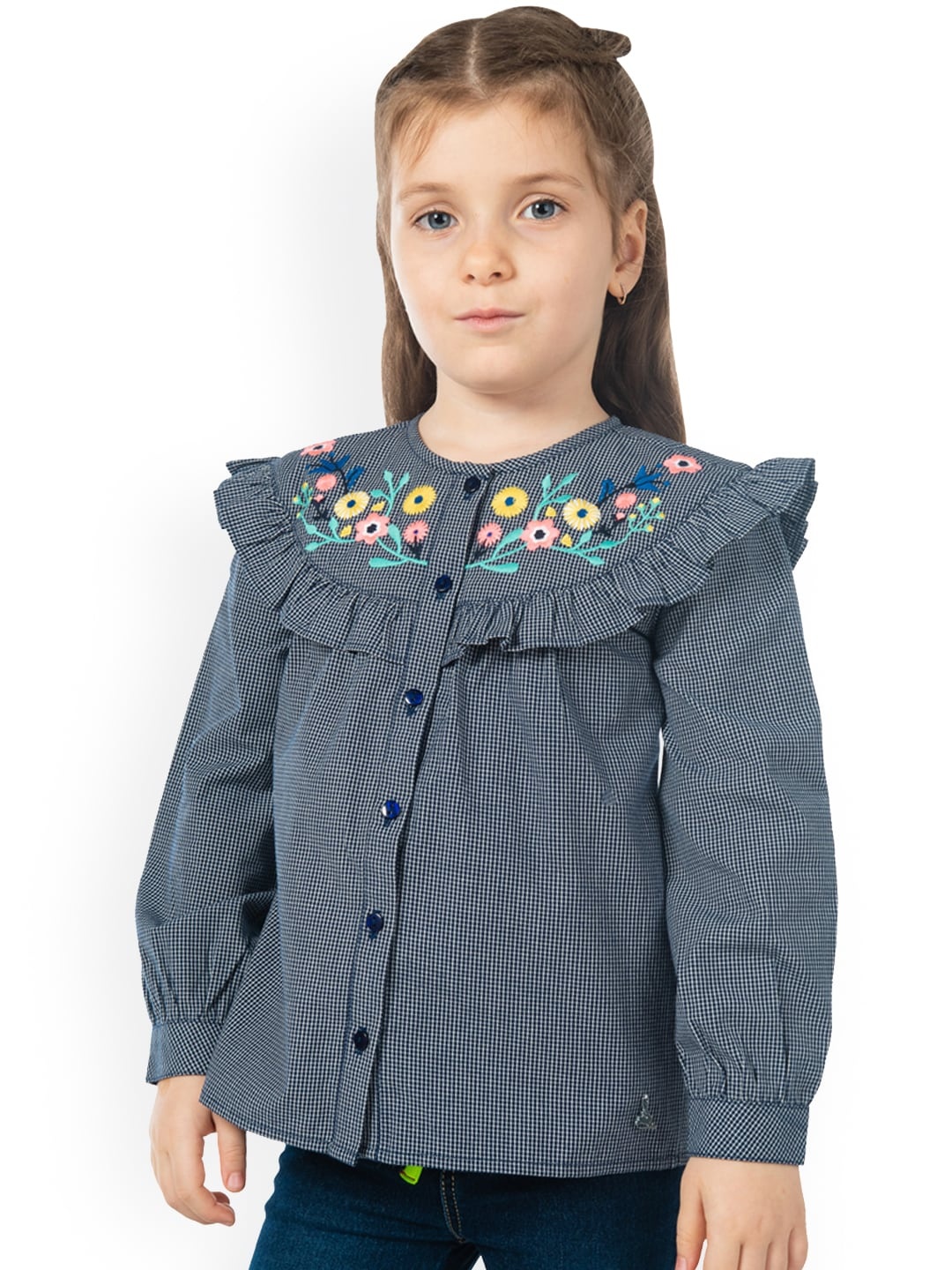 

Cherry Crumble Girls Blue Printed Shirt Style Top