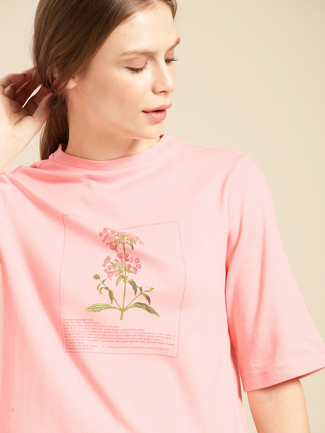 

ether Women Pink Printed Round Neck Boxy Pure Cotton T-shirt