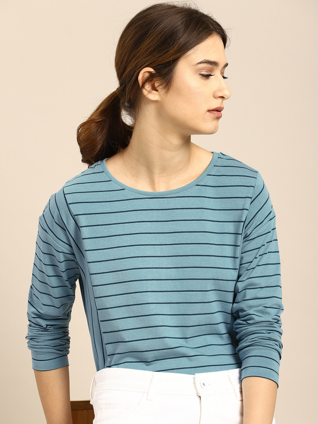 

ether Women Blue Striped Round Neck T-shirt