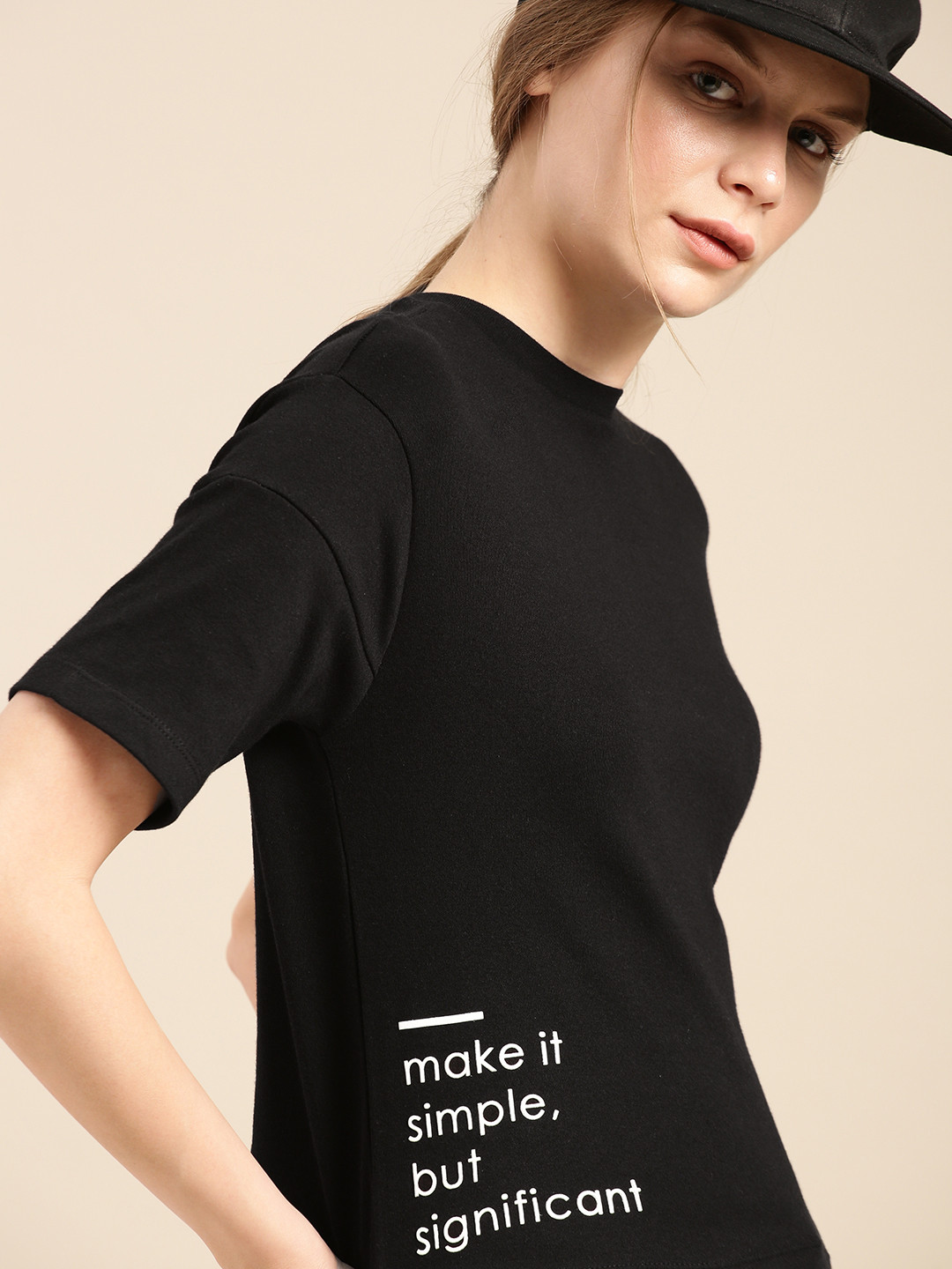 

ether Women Black Printed Round Neck Pure Cotton T-shirt