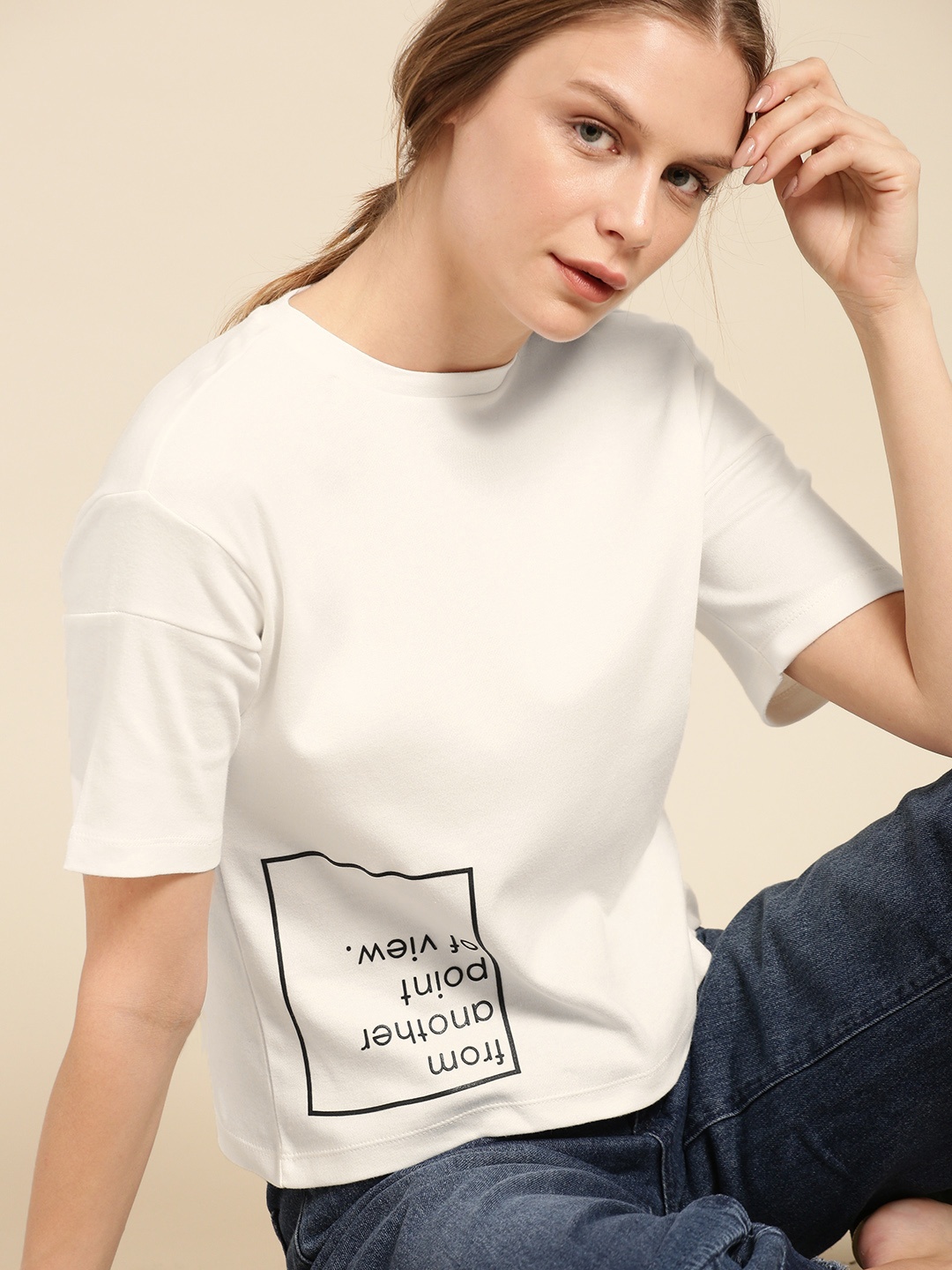 

ether Women White Printed Cotton Pure Cotton T-shirt