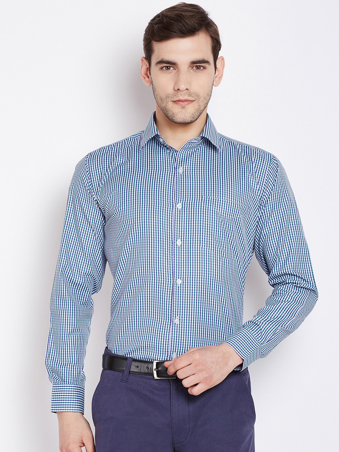 

English Navy Men Green & Blue Slim Fit Checked Formal Shirt