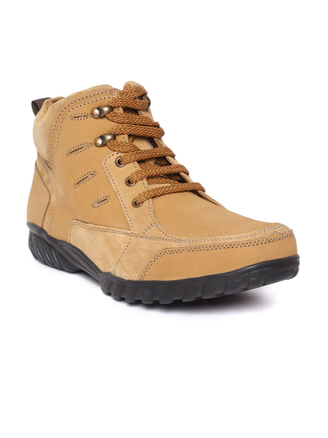 

Red Chief Men Mustard Brown Solid Leather Mid-Top Flat Boots