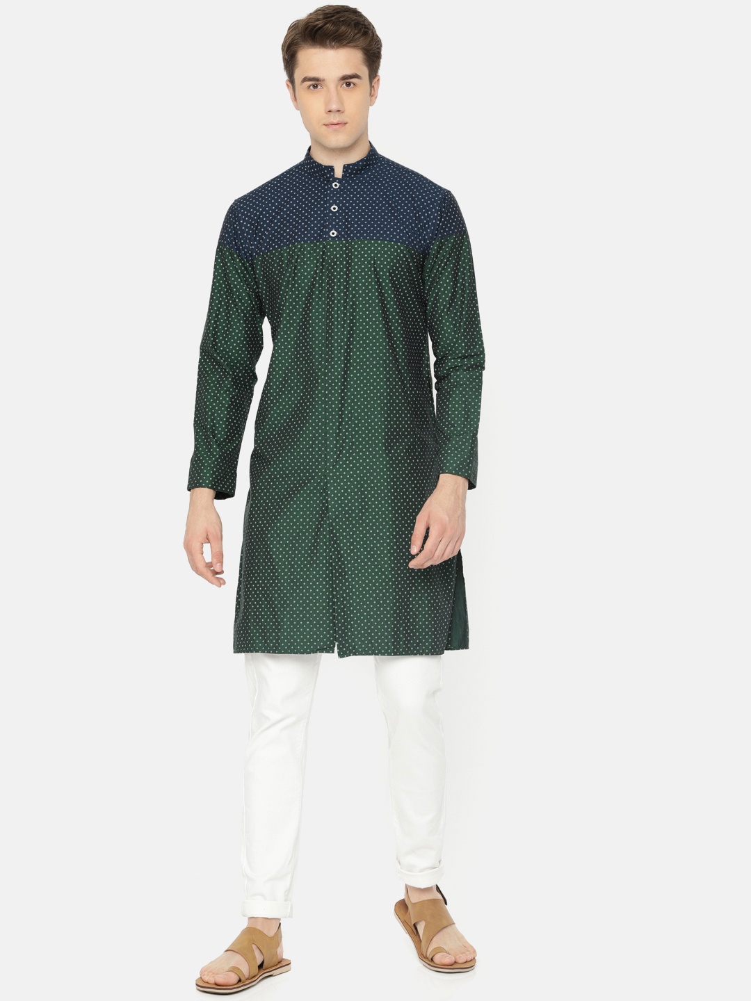 

Freehand Men Green & Navy Colourblocked Straight Kurta