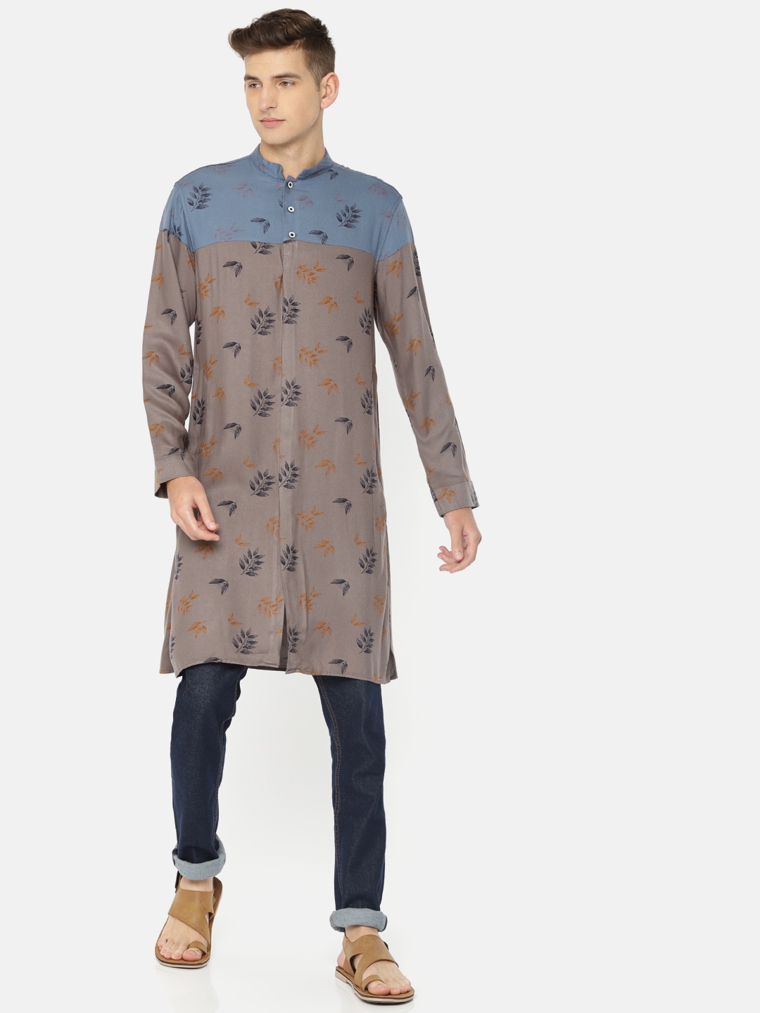 

Freehand Men Grey & Beige Printed Straight Kurta