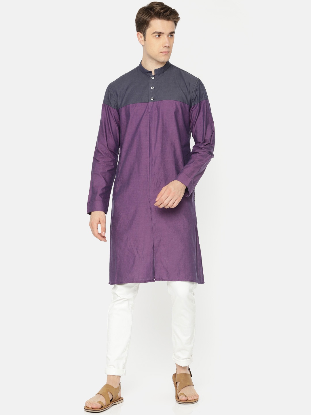 

Freehand Men Purple & Grey Colourblocked Straight Kurta
