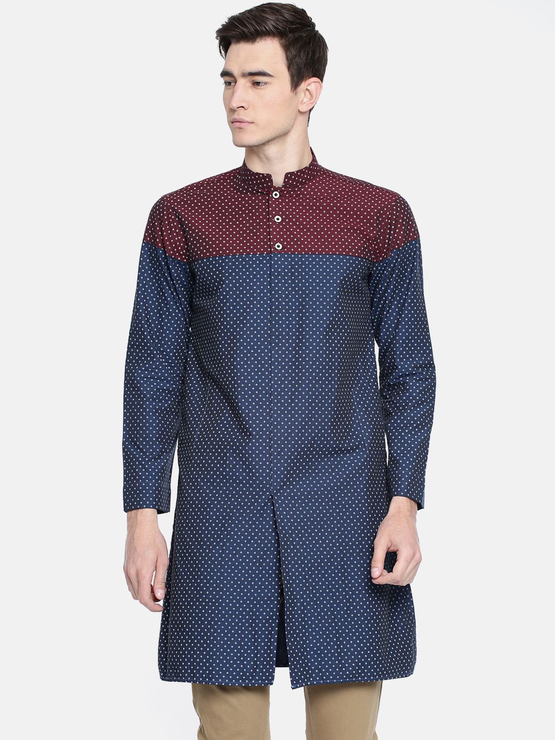 

Freehand Men Navy Blue & Maroon Printed Straight Kurta