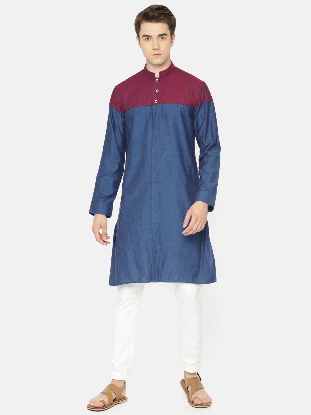 

Freehand Men Blue & Burgundy Colourblocked Straight Kurta