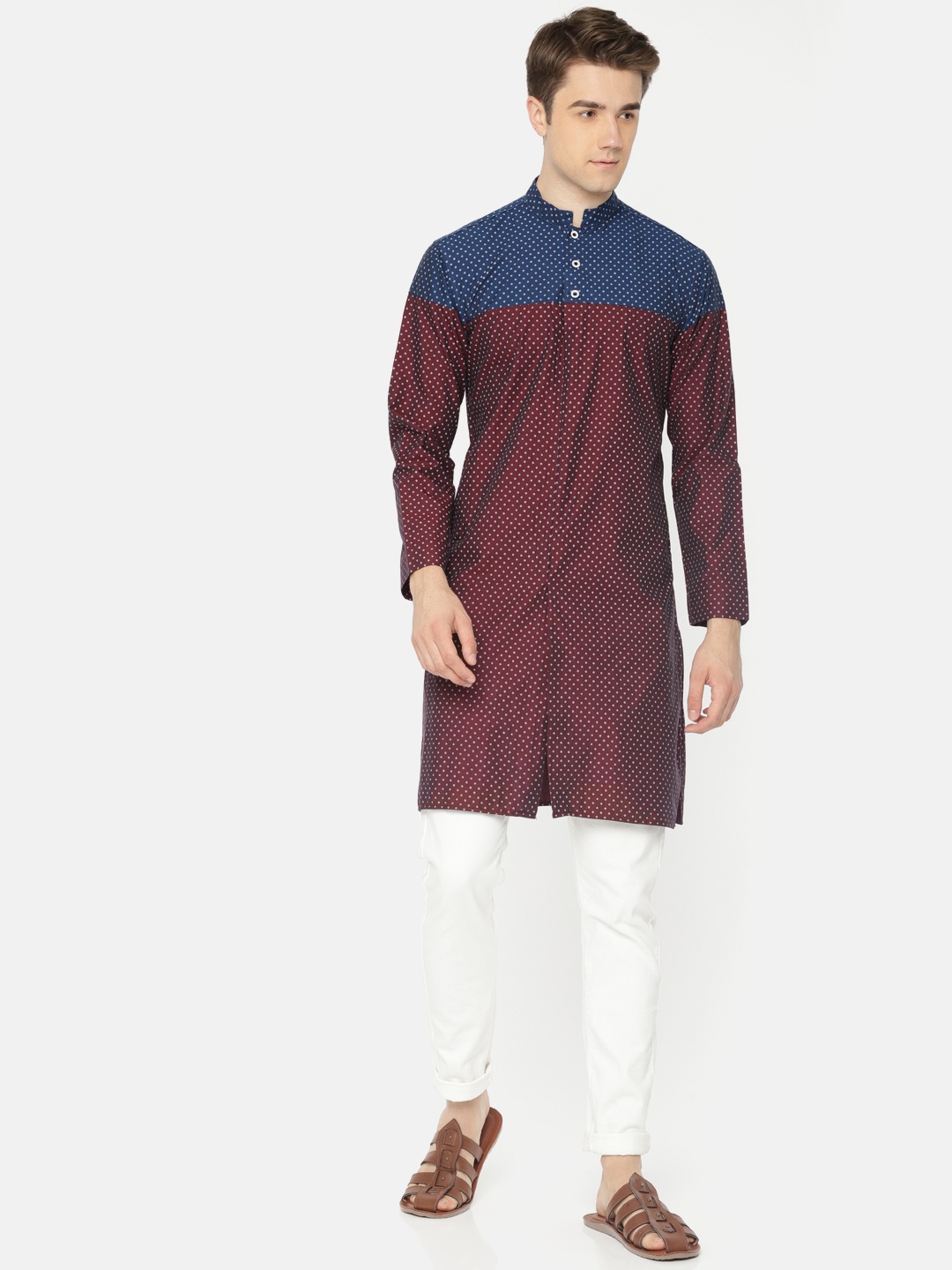 

Freehand Men Maroon & Navy Blue Printed Straight Kurta