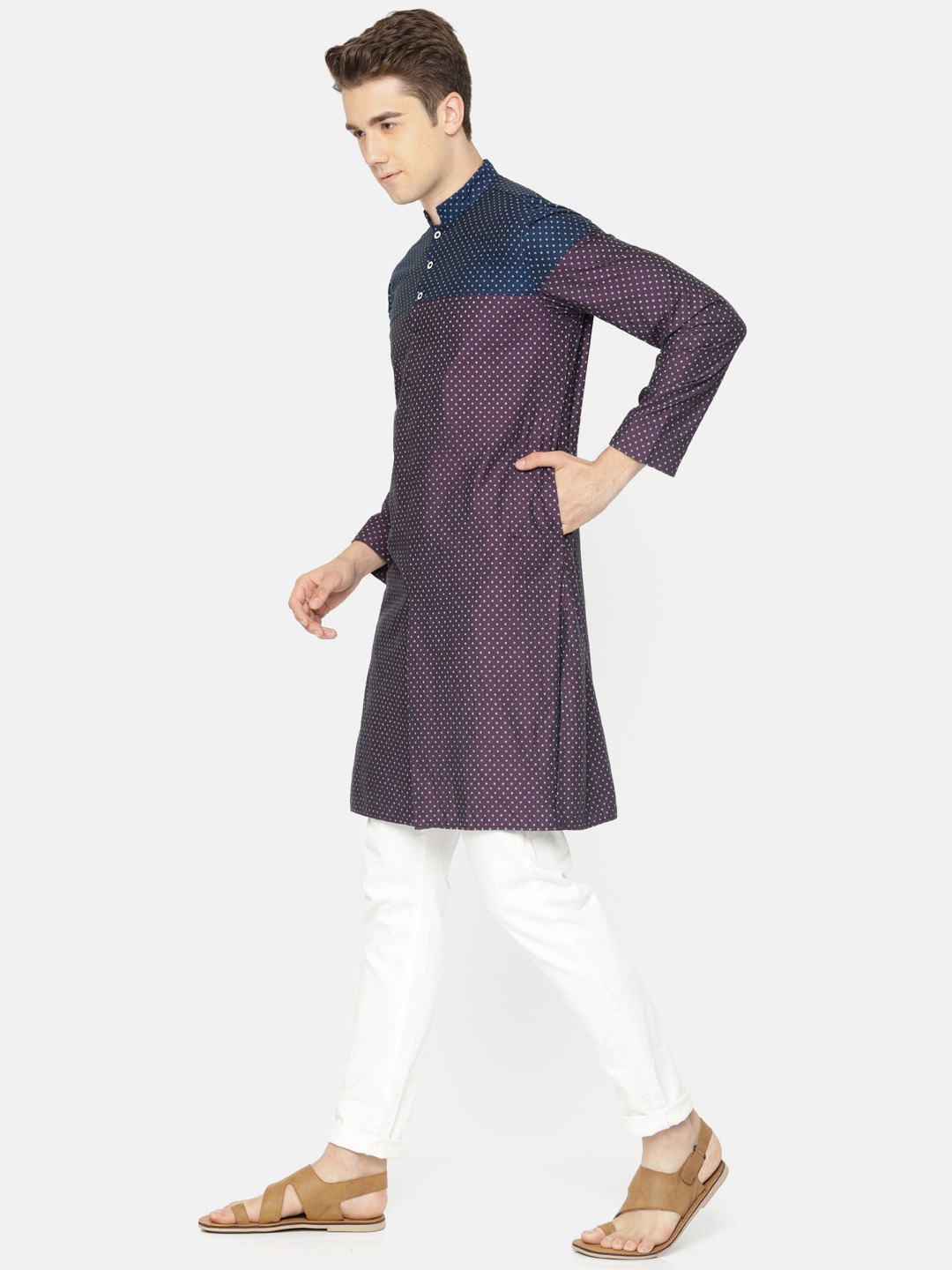 

Freehand Men Navy Blue & Purple Printed Straight Kurta