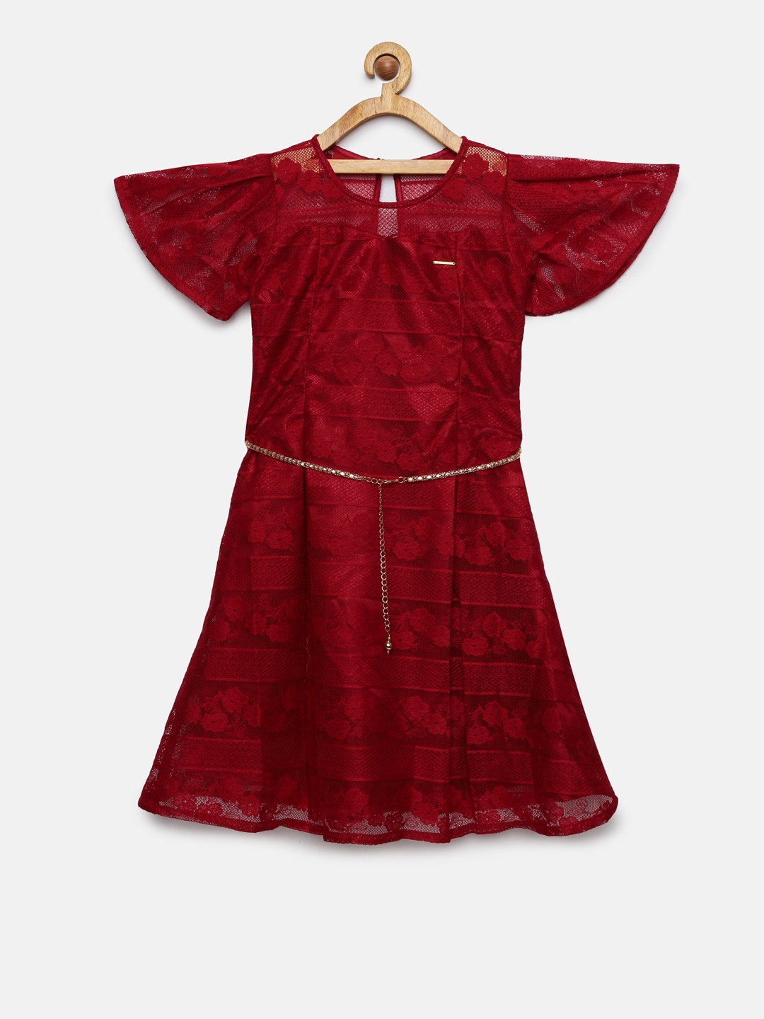 

Peppermint Girls Maroon Self Design Fit and Flare Dress