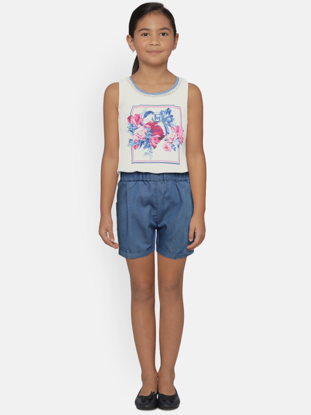 

Peppermint Girls Off-White & Blue Printed Basic Jumpsuit