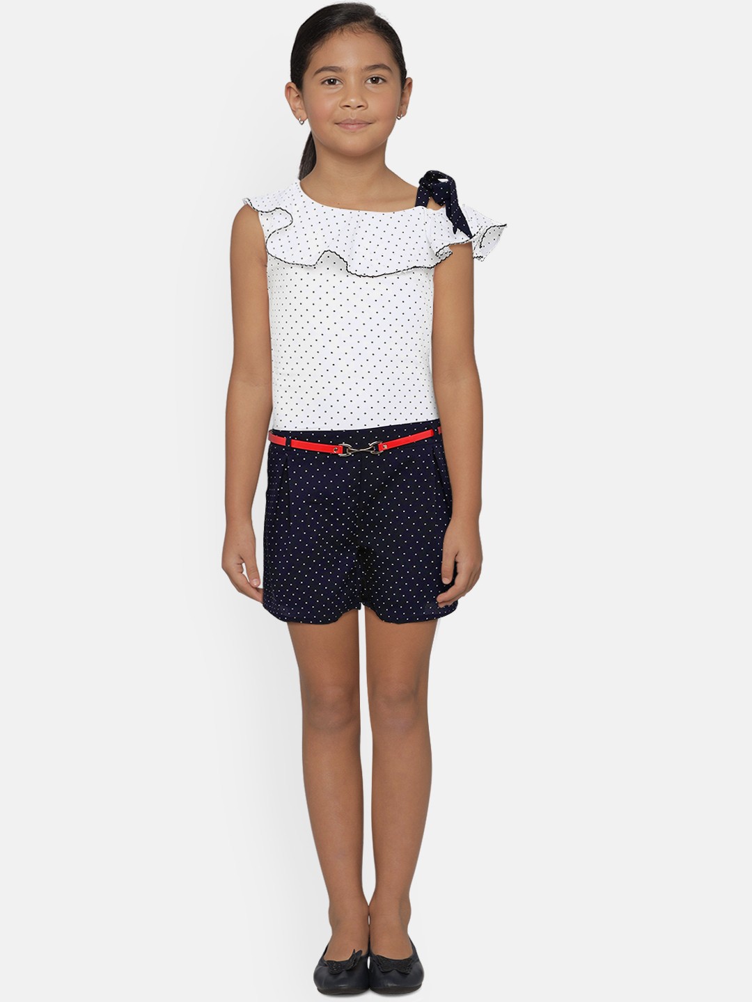 

Peppermint Girls White & Blue Printed Basic Jumpsuit